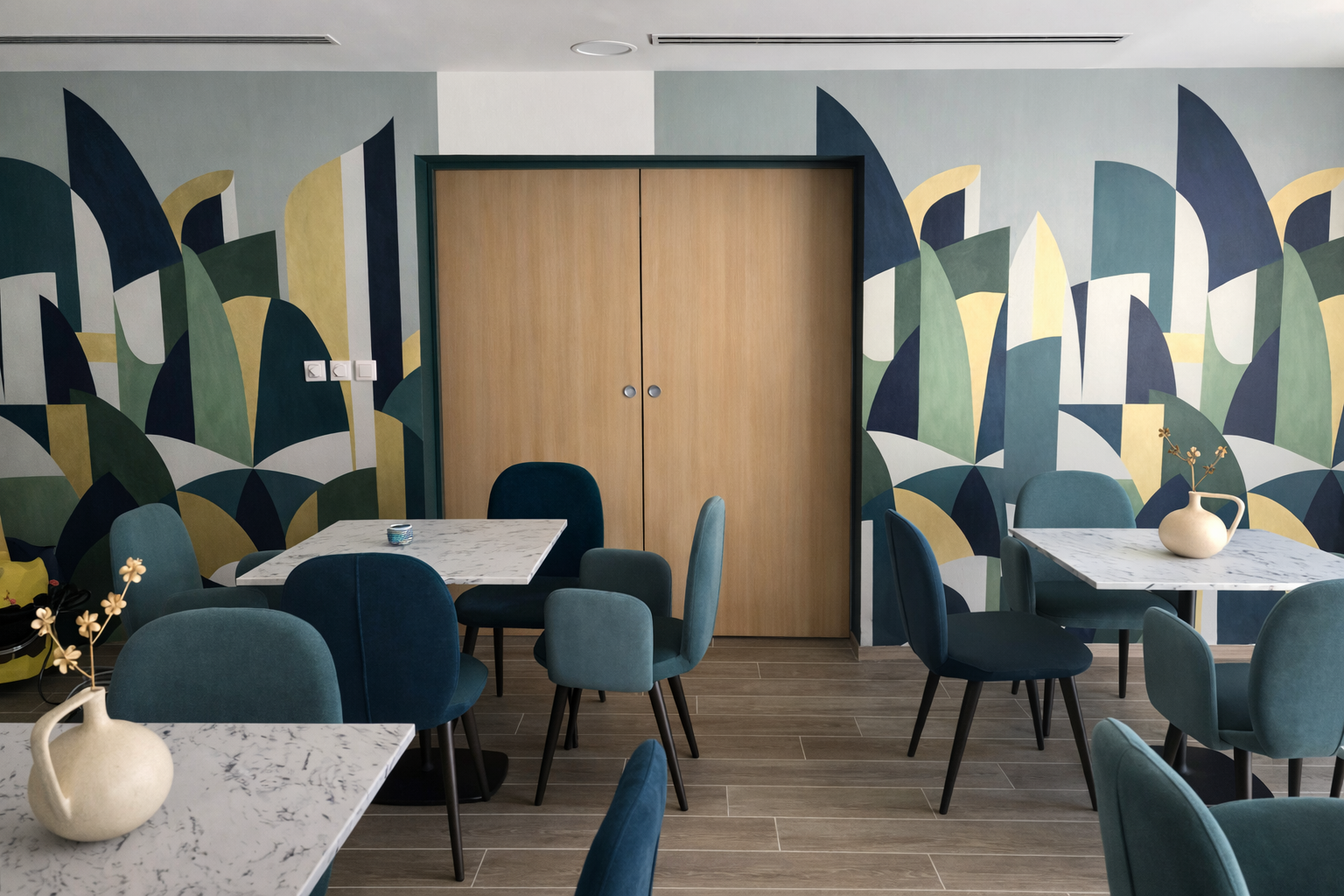 Salle à manger avec des tables en marbre, des chaises bleus, une porte en bois et un mur avec un papier peint graphique bleu, vert, blanc et jaune.