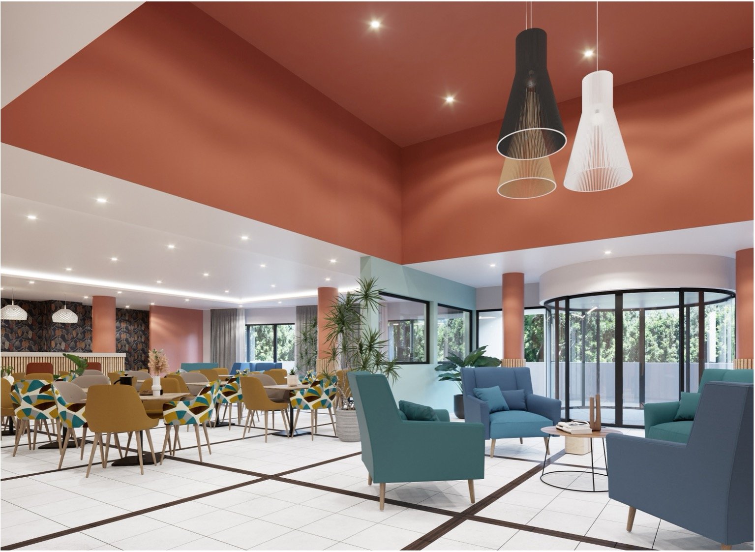 Hall d'accueil avec des fauteuils bleu, des chaises, des luminaires noir et blanc, un plafond rouge avec un sas d'entrée.