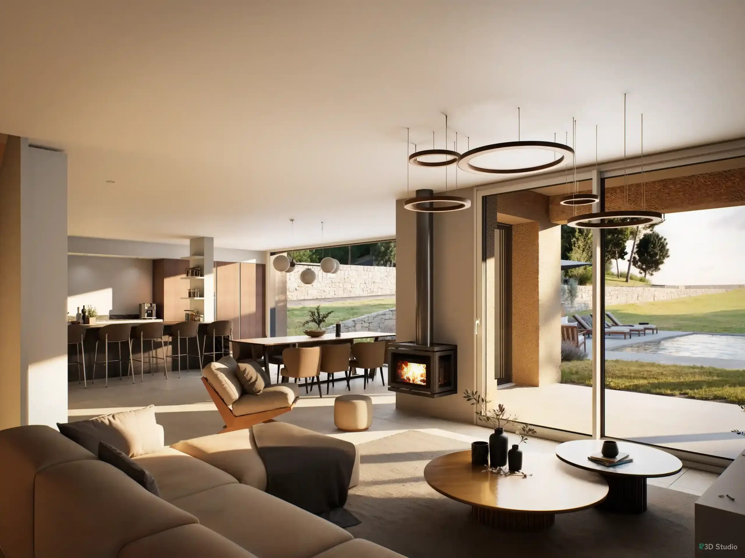 Espace salon avec Baie vitré avec une vue sur le jardin et la piscine. Un canapé blanc, des luminaires suspendus circulaire, une cheminée, un fauteuil. Une table avec des chaises marron. Deux tables basses rondes avec des pots de fleurs dessus.