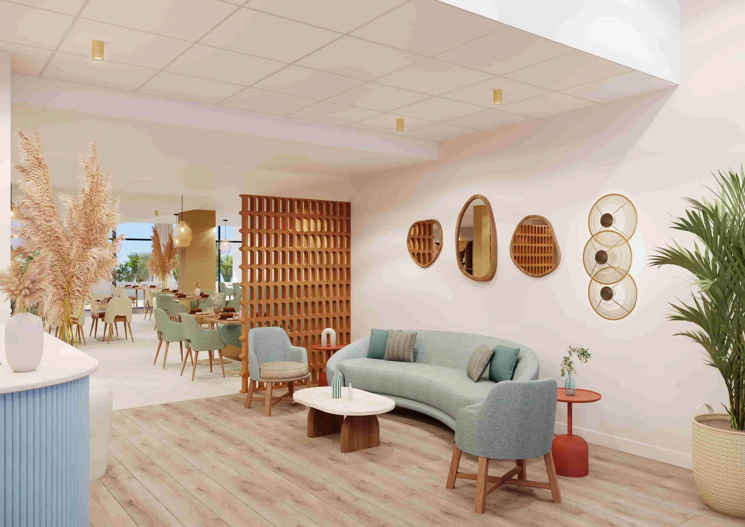 Hall d'accueil avec un claustra de brique en terre cuite, un canapé bleu ciel avec des coussins dessus, deux fauteuils, des tables basses. Trois miroirs et une applique en corde et laiton accroché sur le mur. Une plante verte et herbe de la pampa.