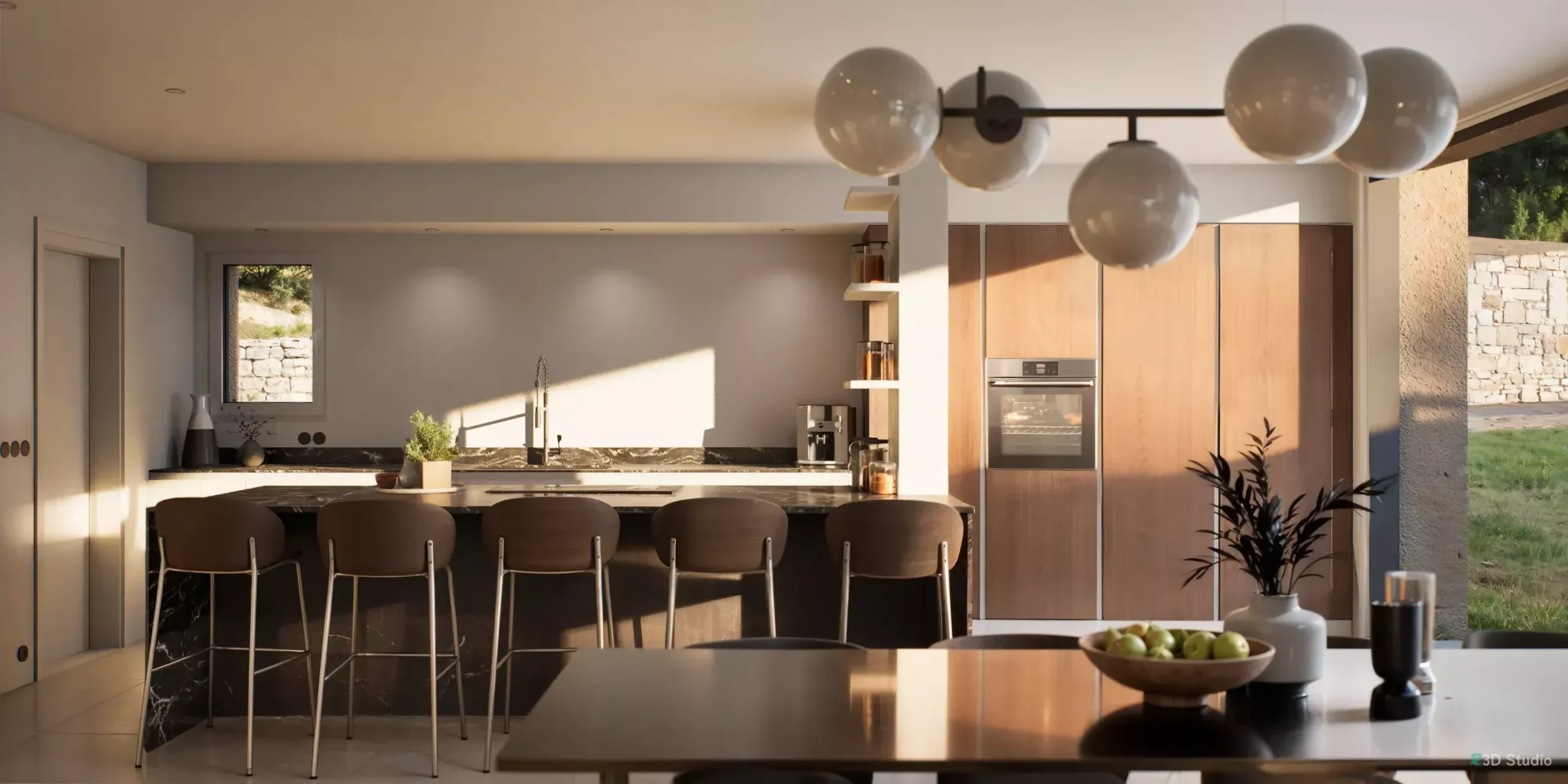 Cuisine avec un évier, une cafetière, un four, des chaises hautes marron. Une table avec un pot de fleur, un corbeille à fruit et deux verres au dessus. Un luminaires suspendu constitué de globes ronds blanc.