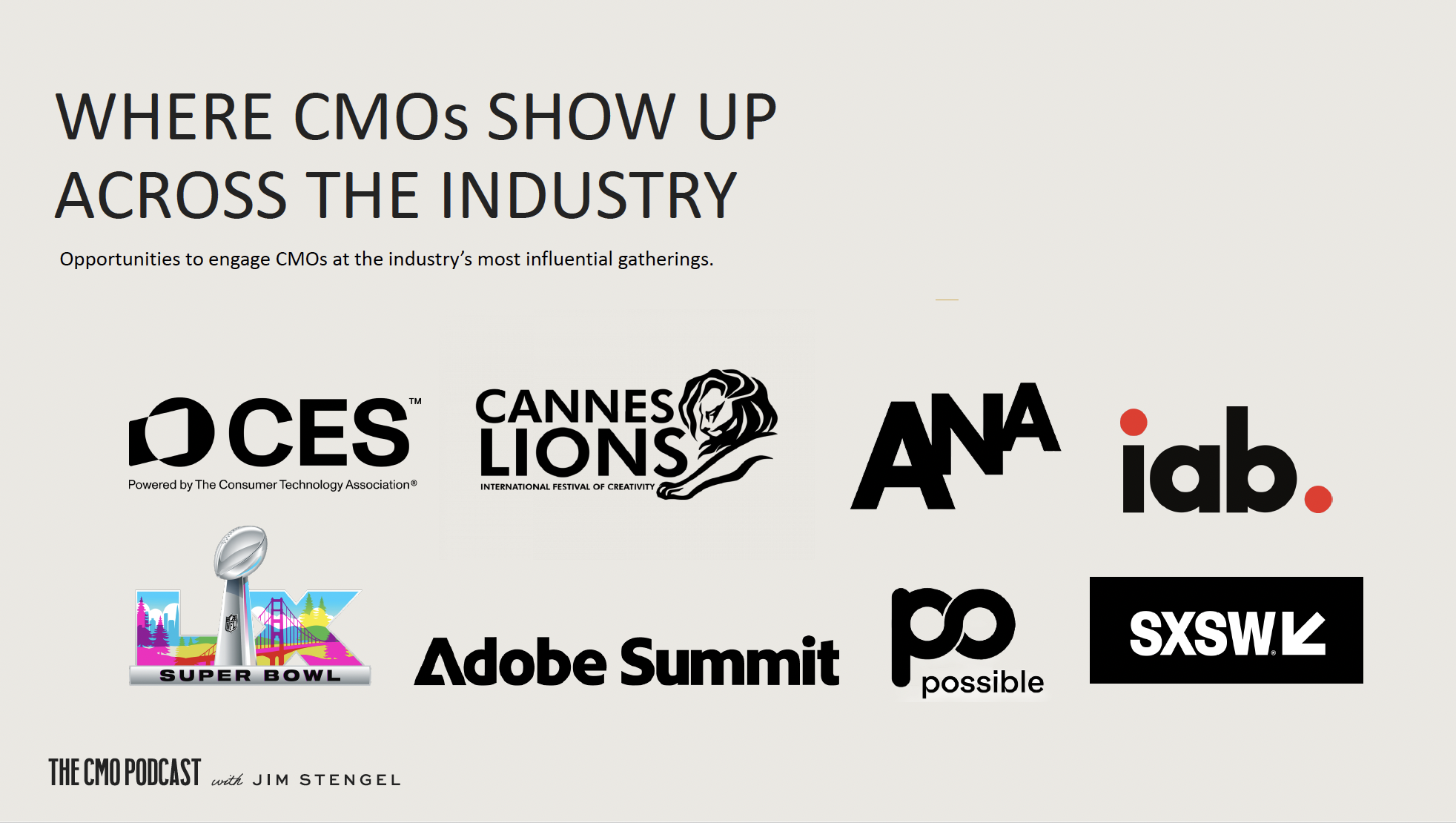 Logos of various industry events and organizations, including CES, Cannes Lions, ANA, IAB, Super Bowl, Adobe Summit, Possible, and SXSW, along with text about engaging CMOs at influential gatherings.
