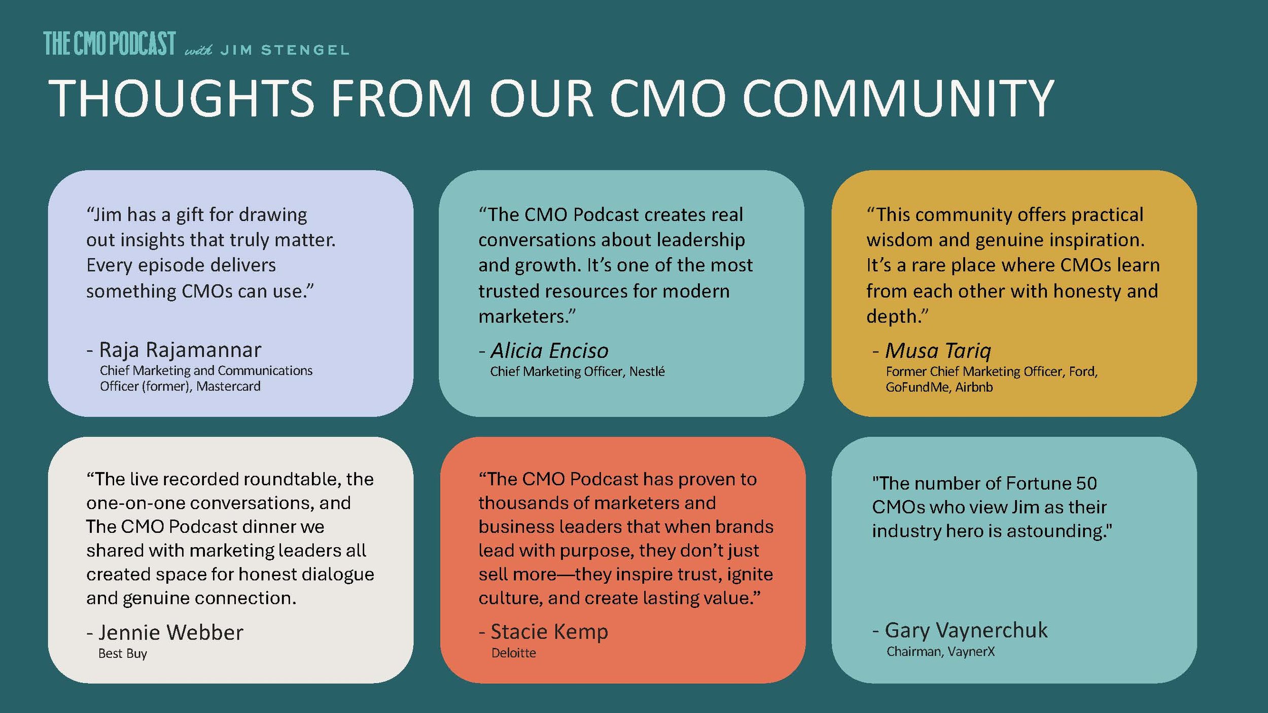 Quotes from different marketing professionals about the CMO podcast quality and community.