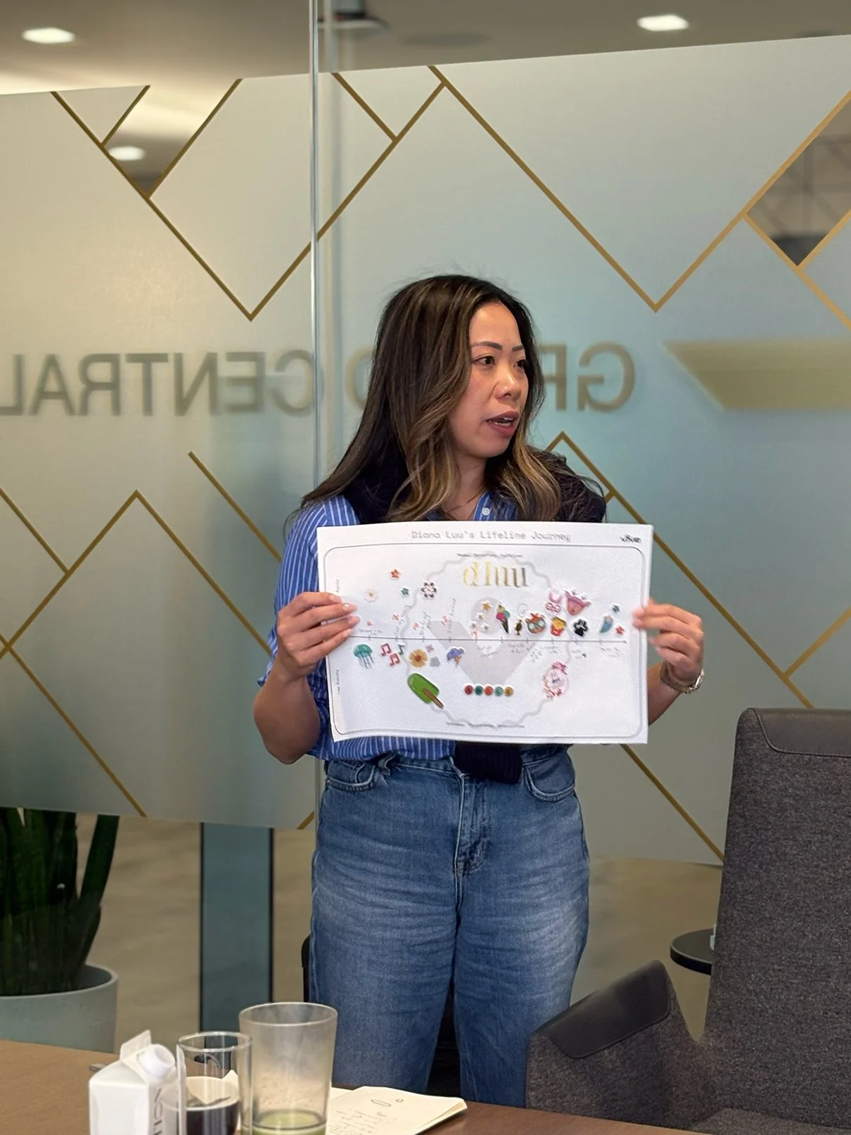 A woman with long wavy brown hair holds a colorful presentation board titled 'Diana Lu's Life Journey' in a modern office space with glass walls and gold geometric designs. She appears to be speaking or explaining.