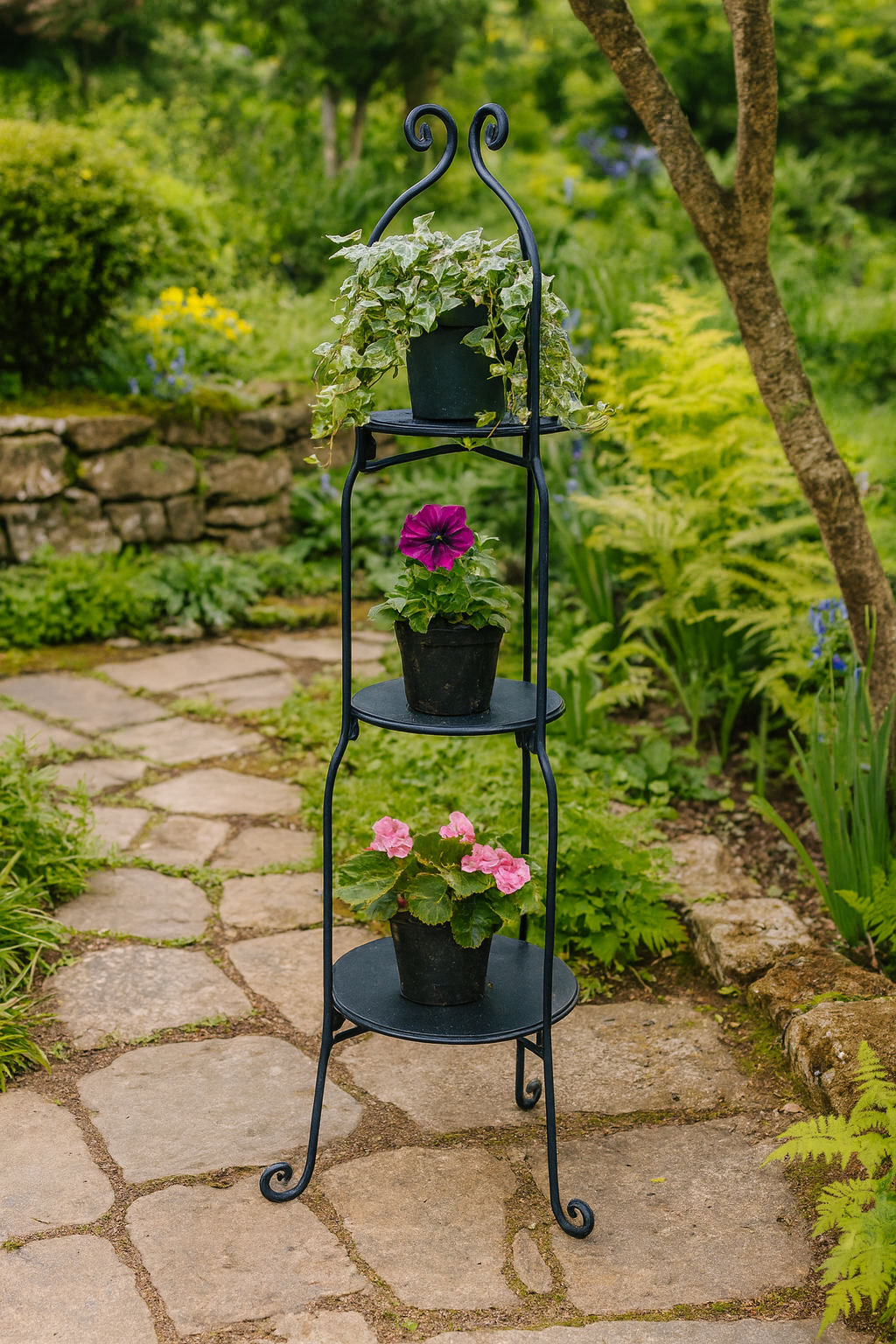 1988 Vintage Three-Tier Black Metal Plant Stand with Scroll Detailing, c.1970 - lifestyle.png