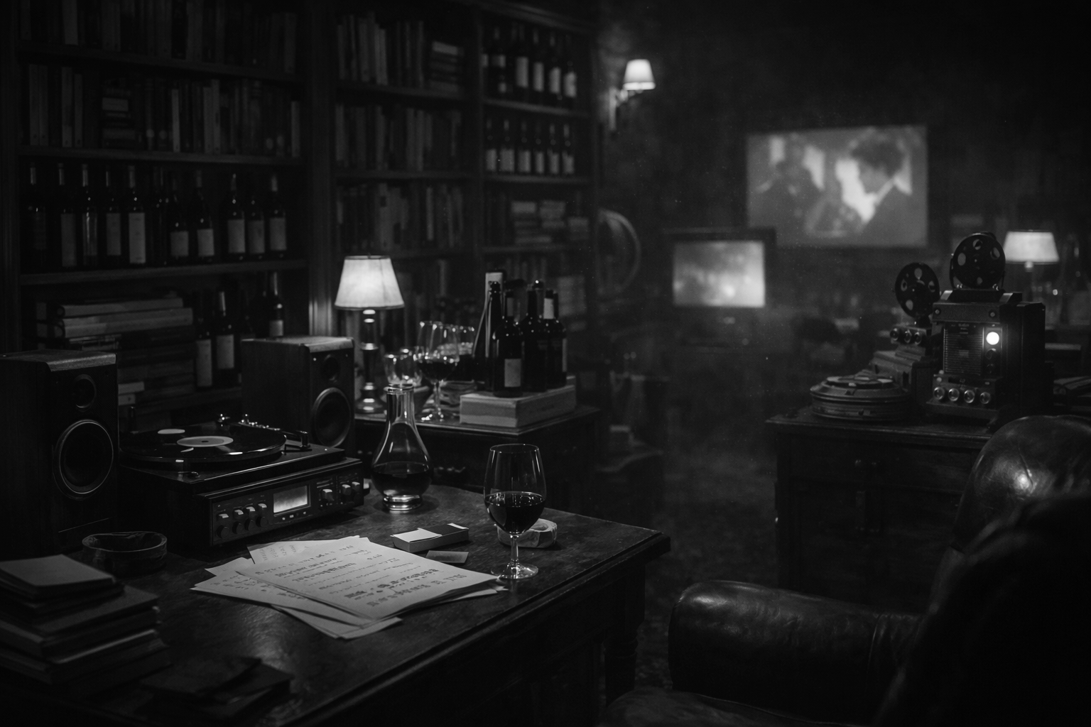 Sala escura com uma mesa de madeira, vários livros, papéis, garrafas de vinho, taças, um aparelho de som e uma mesa de filmadora antiga. Na parede, prateleiras cheias de livros e uma TV antiga mostrando uma cena de beijo entre duas pessoas.