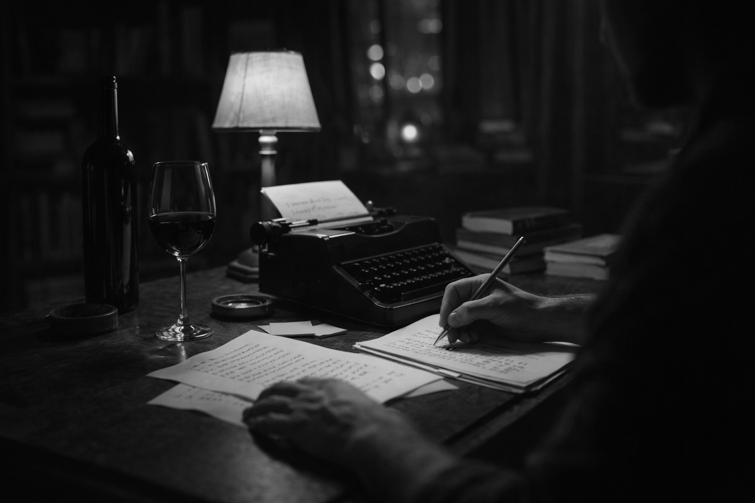 Imagem em preto e branco de uma mesa de madeira com uma garrafa de vinho, taça de vinho, uma luminária acesa, uma máquina de escrever com papel, uma mão escrevendo, várias folhas de papel, e uma pessoa de costas.