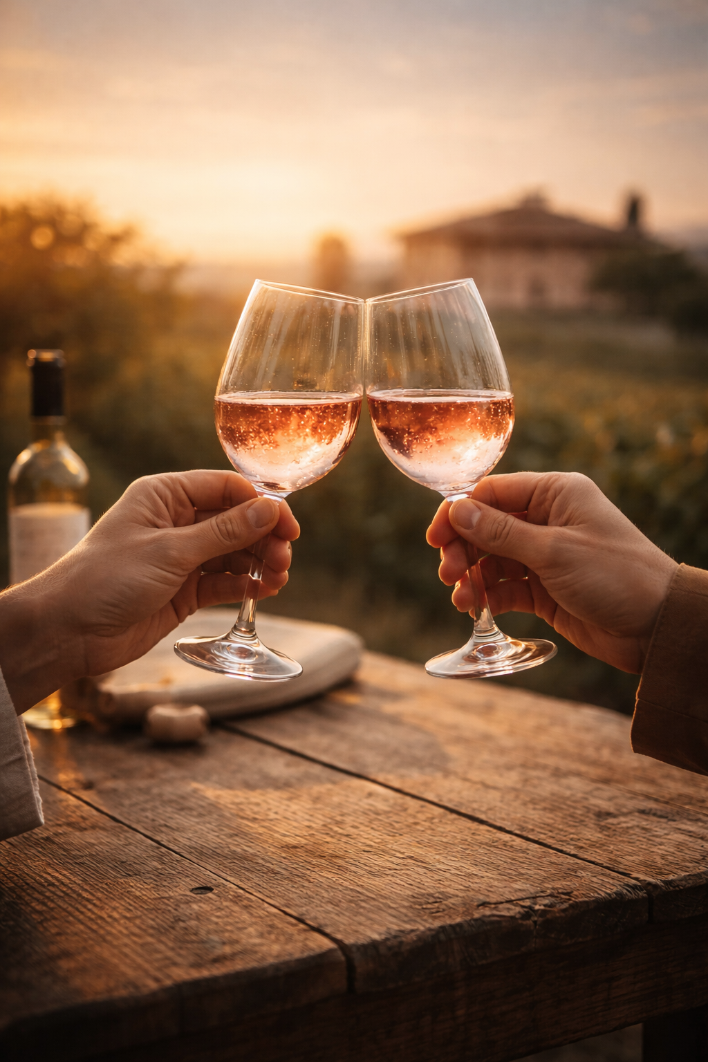 Duas pessoas brindando com taças de vinho rosé ao pôr do sol, com uma casa ao fundo e uma garrafa de vinho ao lado em uma mesa de madeira.