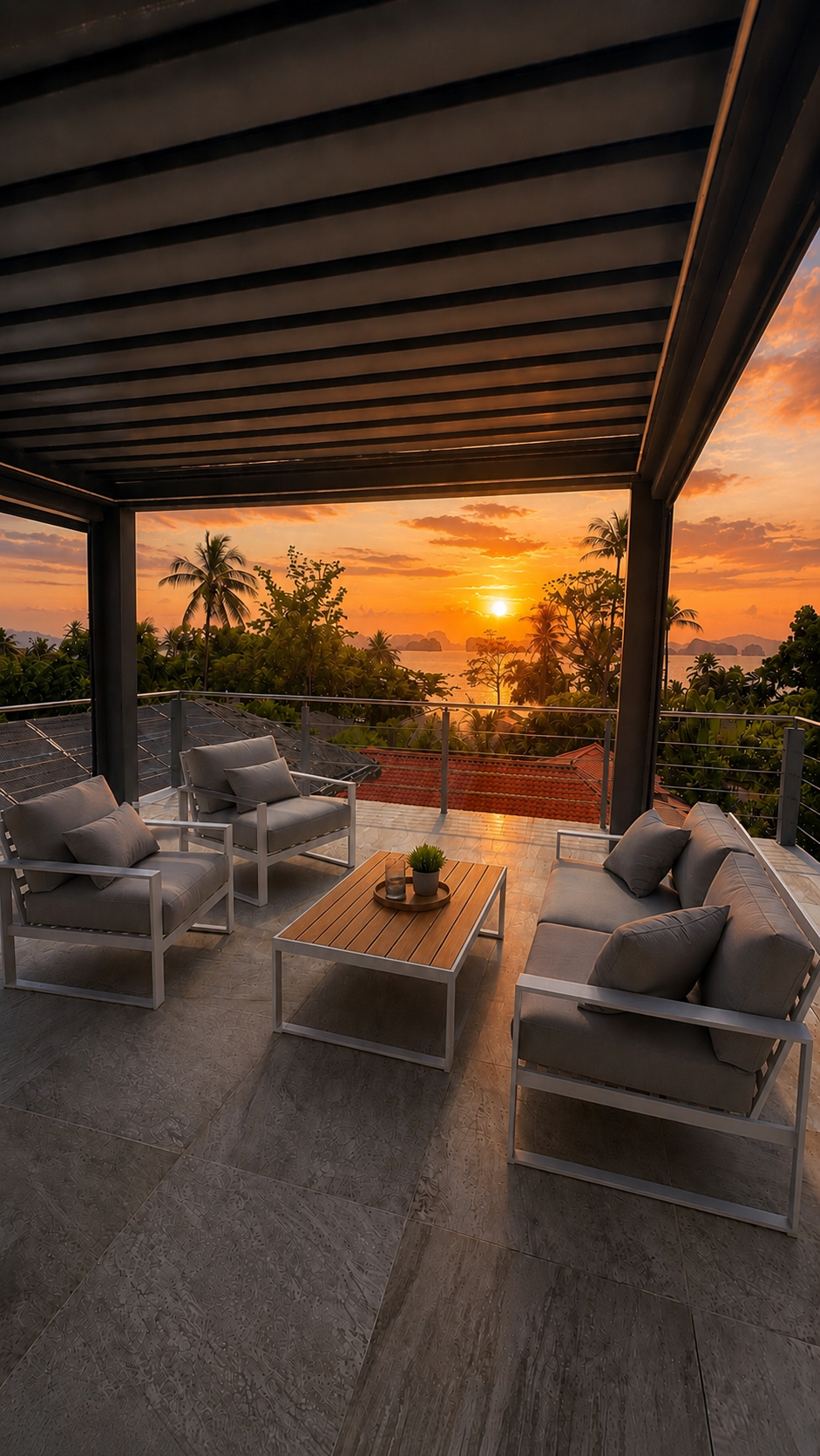 Villa Rooftop lounge with sunrise over Krabi bay