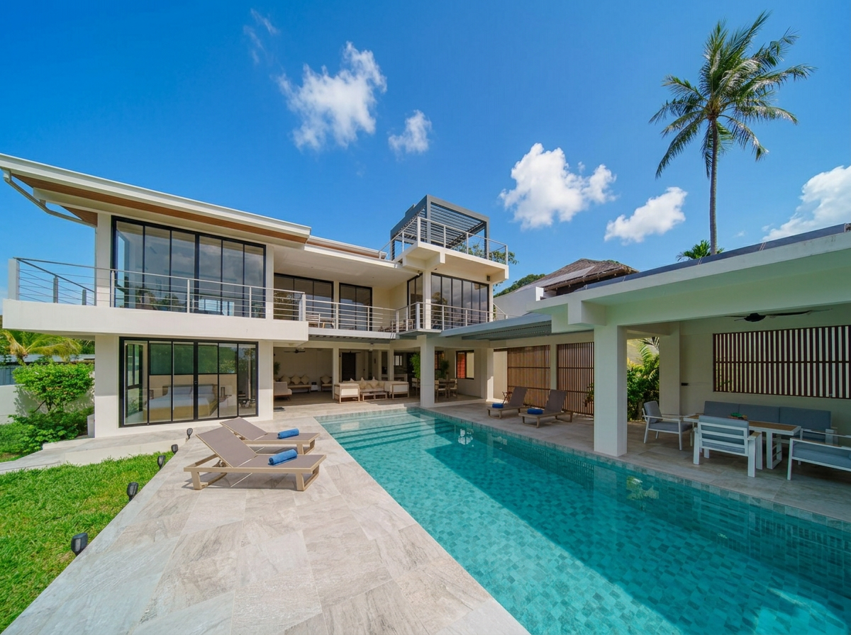 Modern house with a swimming pool in the backyard under a bright blue sky with a few clouds. There are lounge chairs by the pool and outdoor seating areas, with a palm tree in the background.