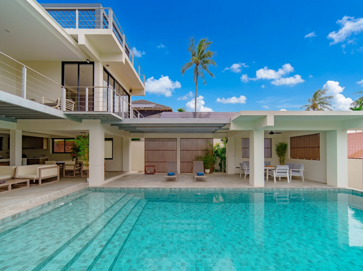 Modern house with a swimming pool in backyard, with outdoor seating and palm trees under blue sky.