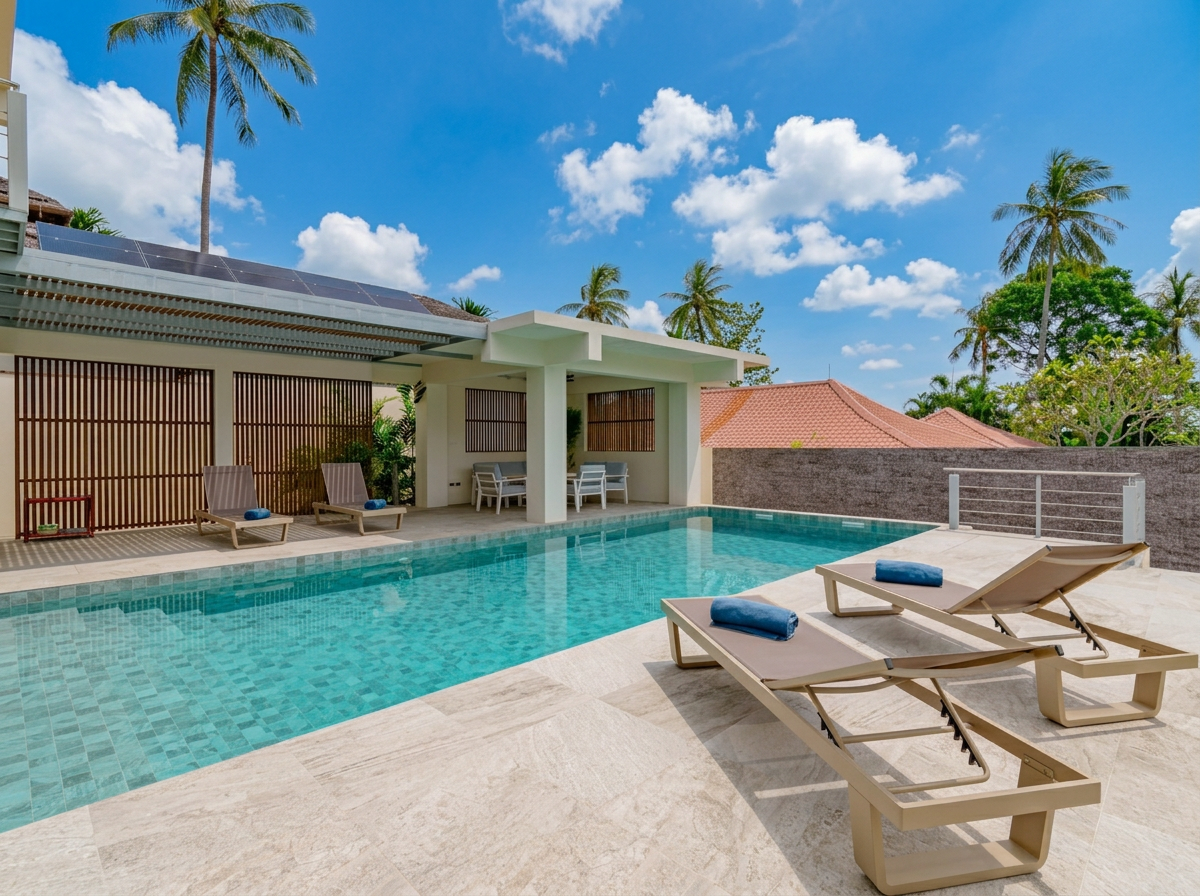 Poolside area with two lounge chairs, each with a blue towel, in a sunny backyard with palm trees, a small seating area, and sun roof.