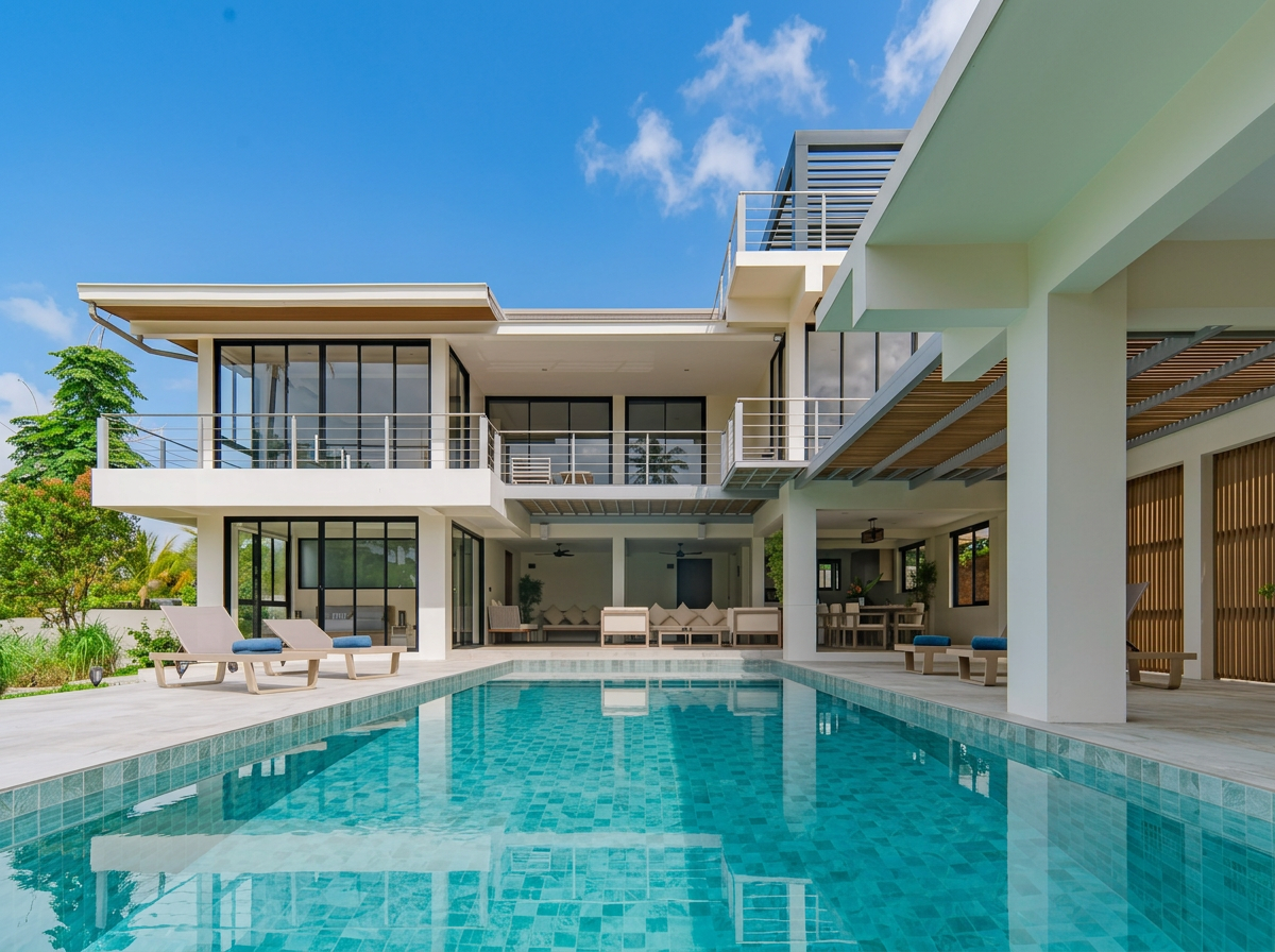 Modern house with large glass windows and a swimming pool in the backyard, under a partly cloudy blue sky.