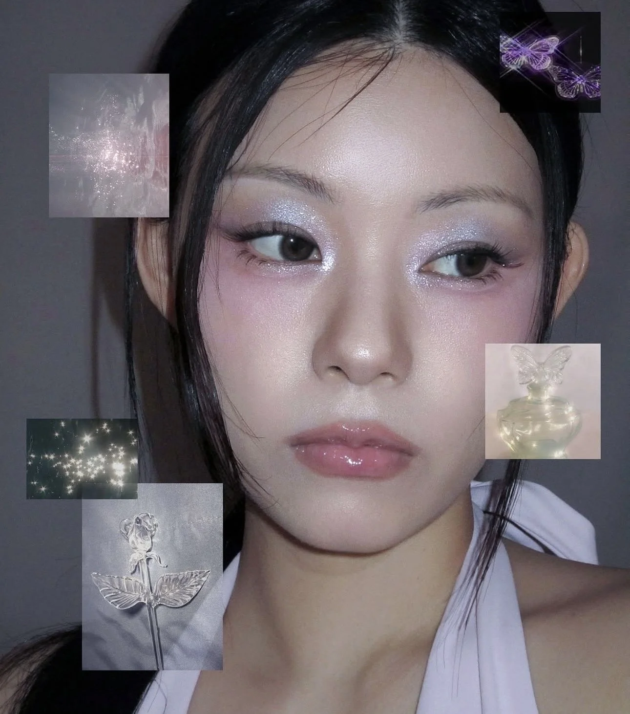 Close-up of a woman with shiny makeup and glossy lips, surrounded by small images of butterflies, sparkles, and decorative objects.