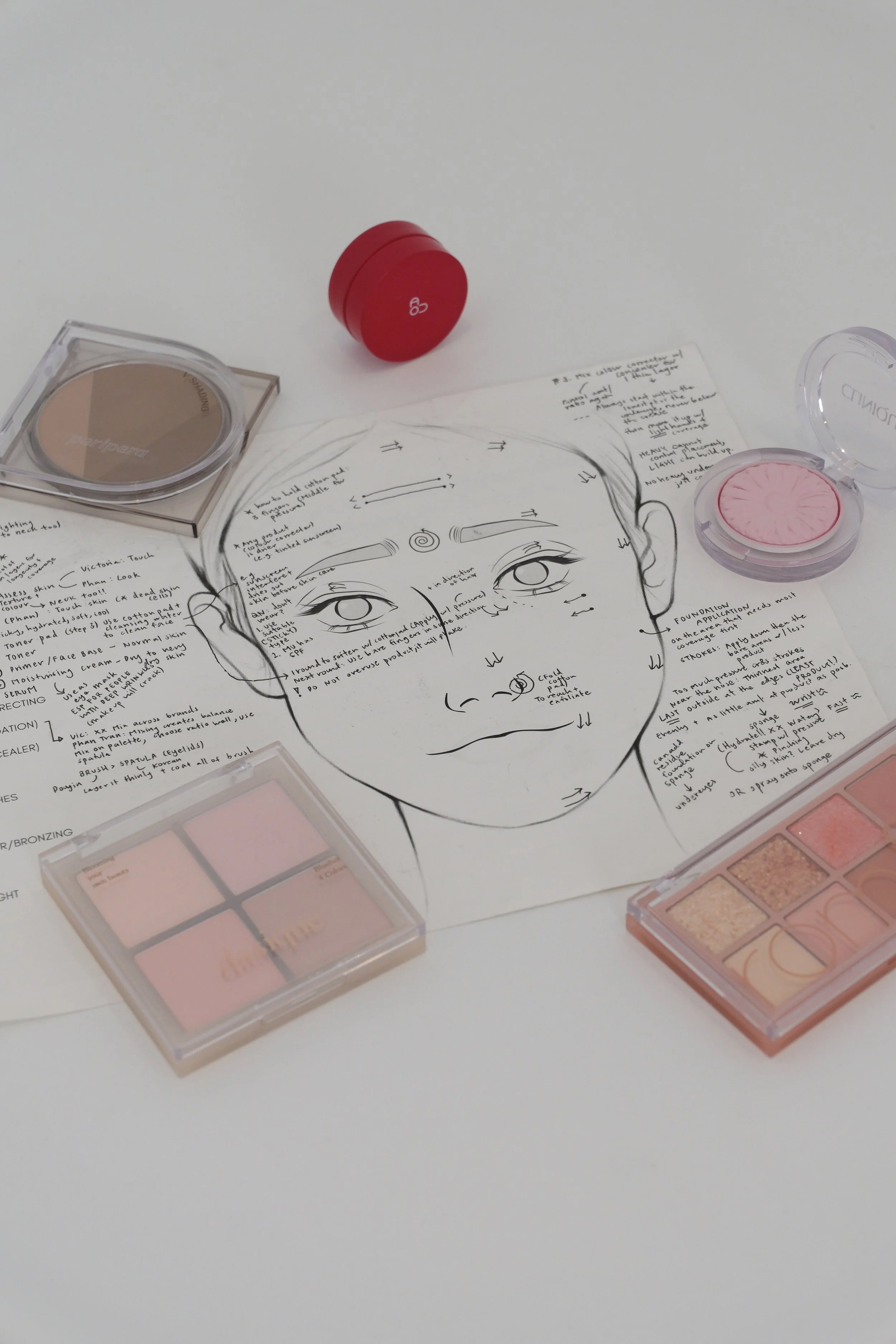 A hand-drawn sketch of a woman's face with notes and arrows around it, surrounded by various makeup palettes and containers on a white surface.