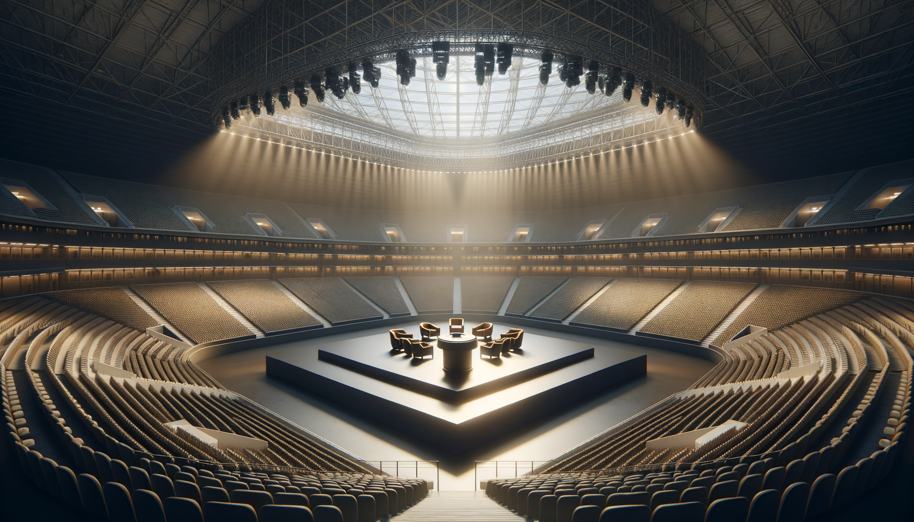Empty theater or auditorium with a round stage and chairs arranged for a panel, illuminated by bright overhead lights.