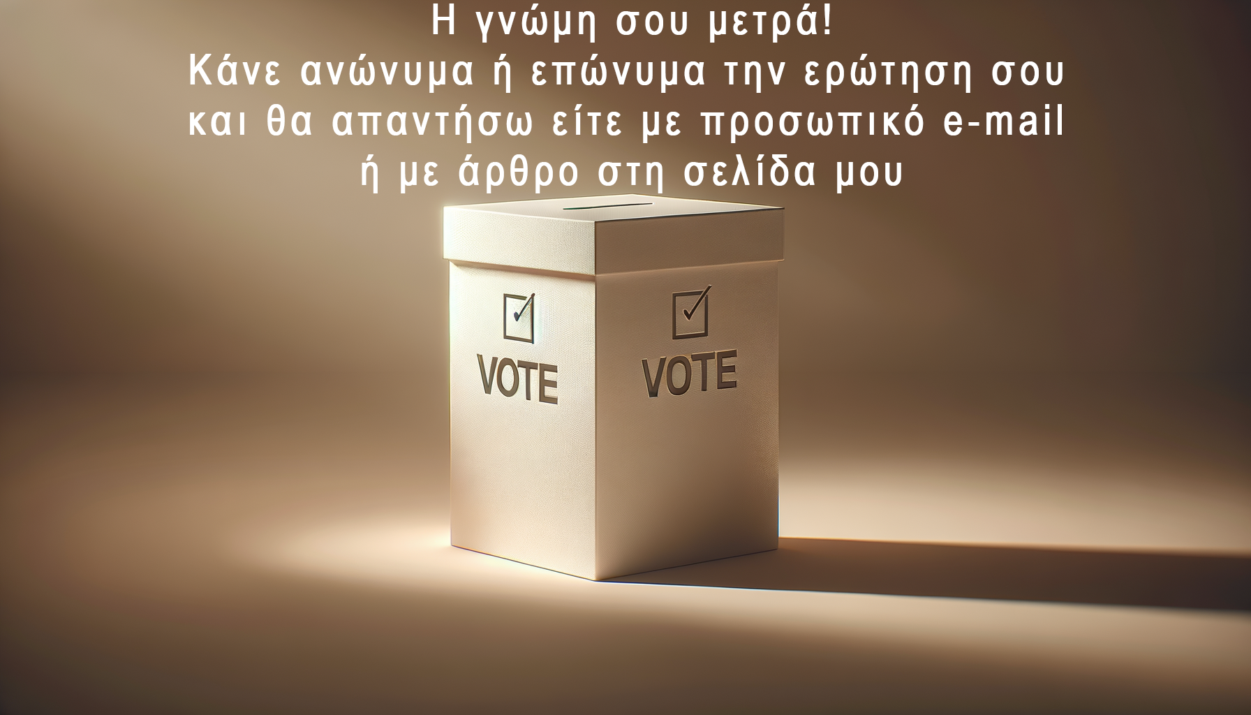 Greek text overlaying an image of a beige voting box with the word 'VOTE' and a checkmark symbol on its sides, casting a shadow on a plain background.