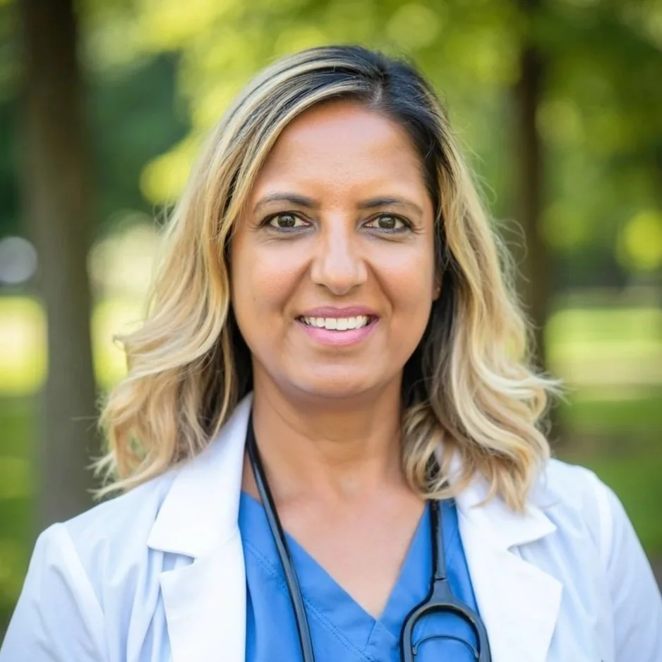 Dr. Savita Srivastava is smiling, wearing a white lab coat and blue scrubs with a stethoscope around her neck, in a park with green trees in the background.
