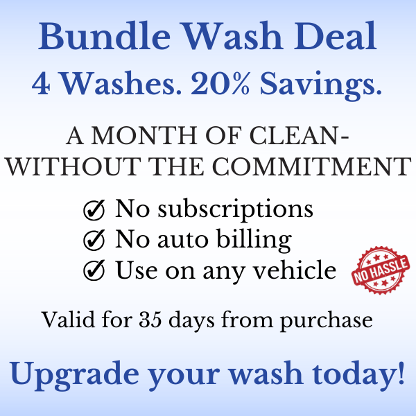 Advertisement for a bundled car wash deal offering four washes with 20% savings, no subscriptions, no auto billing, and use on any vehicle, valid for 35 days from purchase.