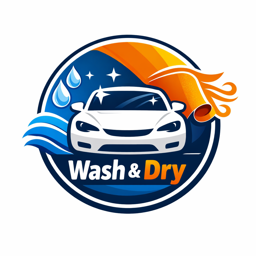 A logo for a car wash business featuring a white car, water droplets, and water waves in blue, with orange and yellow layers above resembling flames or a sunset, and the text 'Wash & Dry' in white and orange.