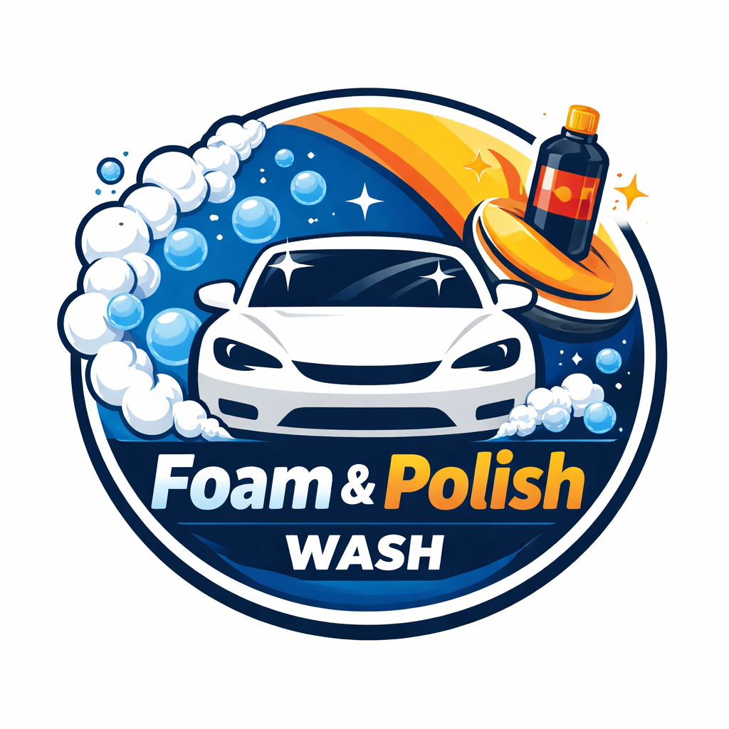 Logo for a car wash service called 'Foam & Polish Wash' featuring a white sports car, soap bubbles on the left, and a bottle of polish with a swirling buffing pad on the right, with a colorful arc in the background.
