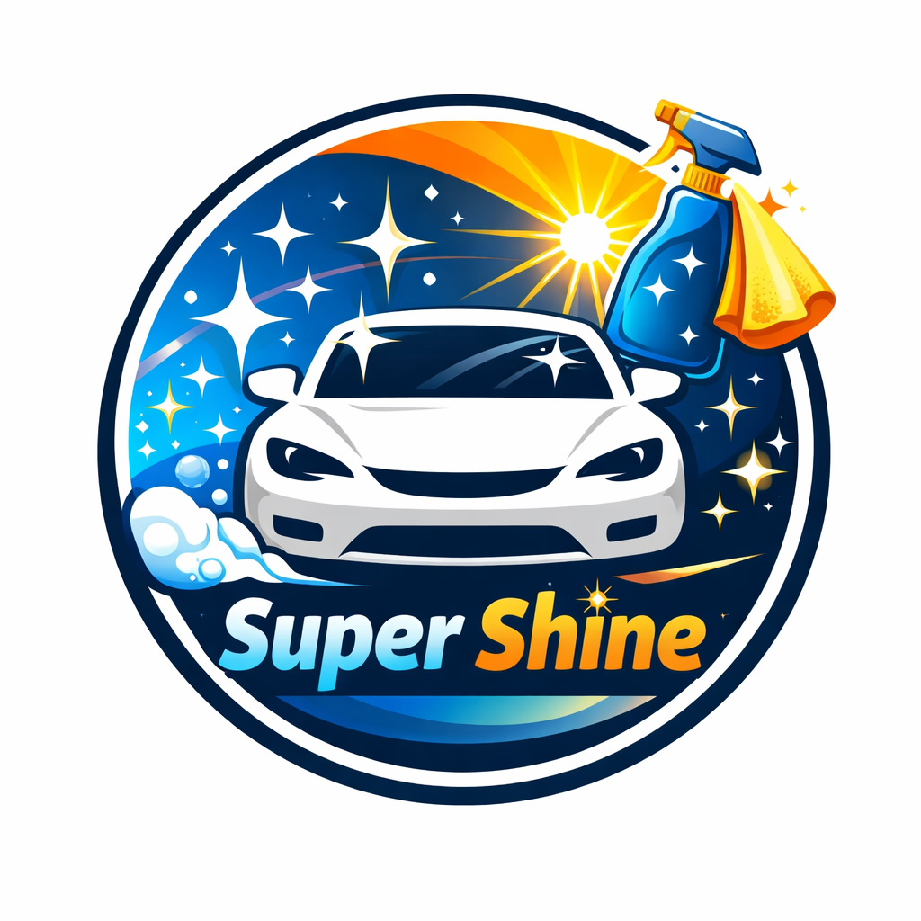 A logo featuring a white car, sparkles, soap bubbles, a bright sun, and a cleaning spray bottle with a cloth, with the text "Super Shine".