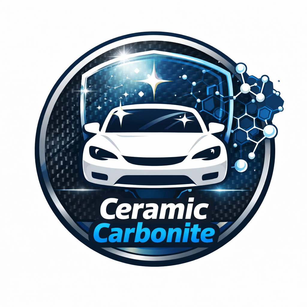 Logo featuring a white car with sparkling effects, a shield with a science theme, and the text 'Ceramic Carbonite' in white and blue.