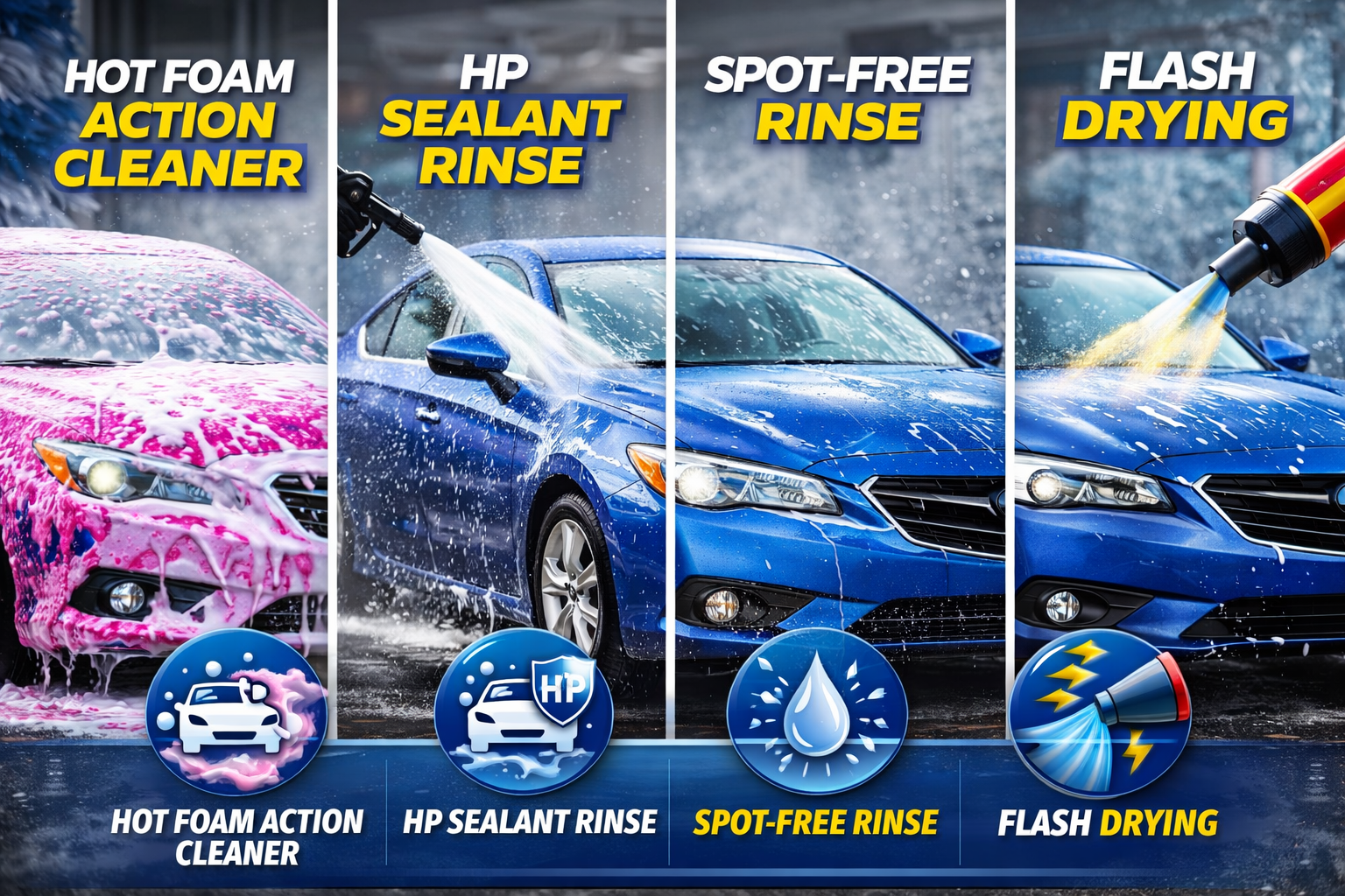 Automated Touchless and Soft Touch Wash & Dry car wash option, featuring Hot Foam Action Cleaner, HP Sealant, Spot Free Rinse and Flash Drying. The most basic and inexpensive car wash option. No reclaimed water used.