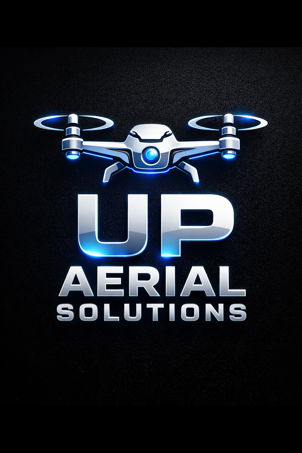 A logo for UP Aerial Solutions featuring a white drone with blue lighting above the text 'UP' in large silver letters, and 'Aerial Solutions' in smaller silver letters below.