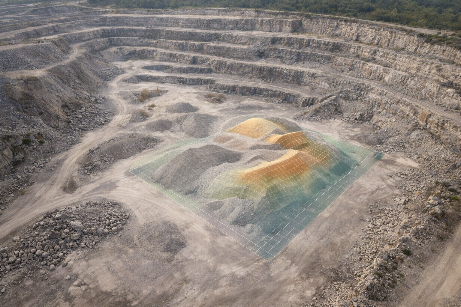 An open-pit mining quarry with a digital topographic model overlay showing the terrain's elevation changes.