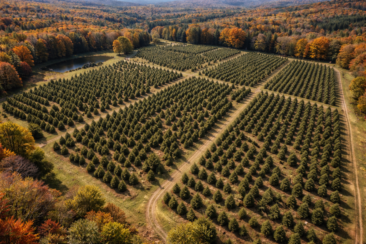 An aerial view of a Christmas tree farm with rows of evergreen trees, a pond, and colorful autumn trees surrounding the farm in the background.