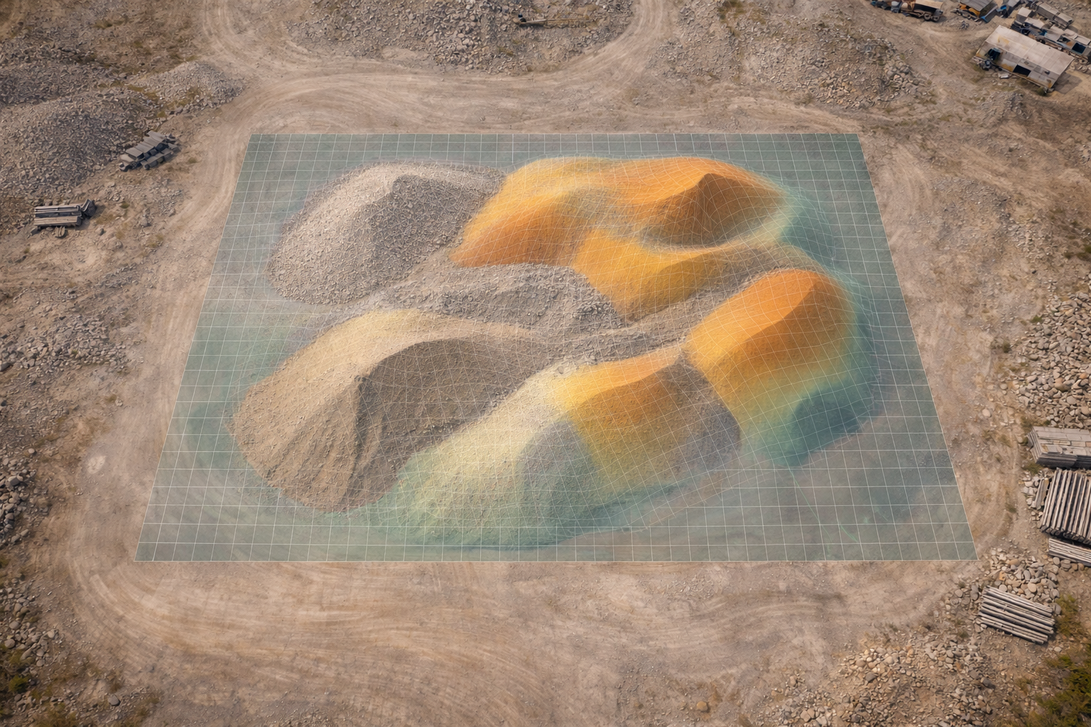 A computer-generated topographical map of a large archaeological excavation site showing different layers of earth and features, overlaid on an actual dirt excavation area with surrounding equipment and rocks.