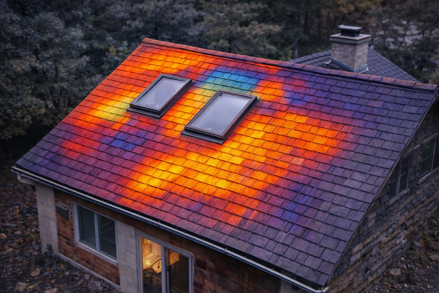 A house roof with multicolored shingles reflecting sunlight, showing two skylights and surrounded by trees.
