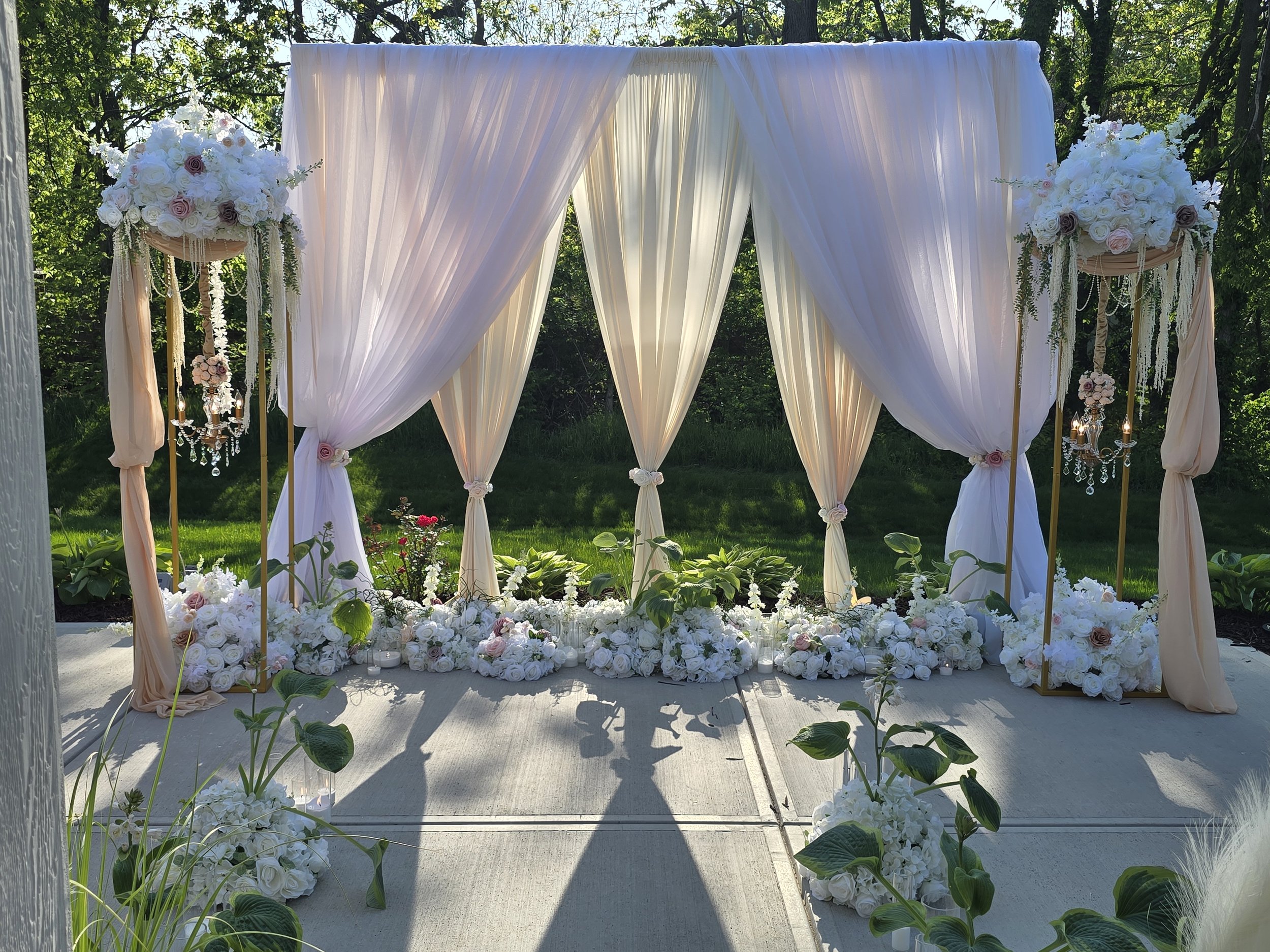 Intimate backyard wedding decor. Estate weddings. Micro weddings. Soft. Elegant. Drape. Natural lighting.