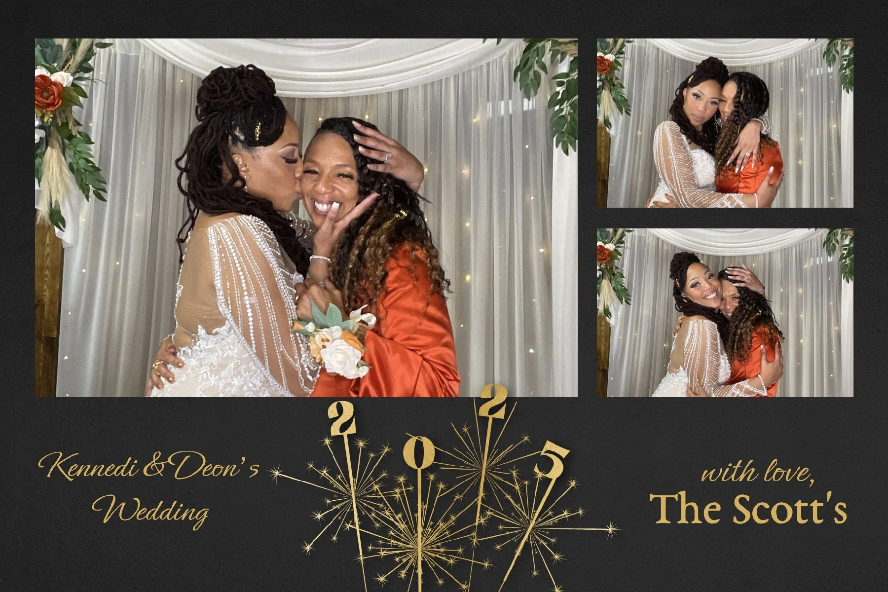Photographs from Kennedy and Deon’s wedding showing two women, one in a wedding dress and the other in an orange gown, sharing hugs and kisses in front of a decorated backdrop with drapes, flowers, and lights, and a wedding greeting with fireworks gr