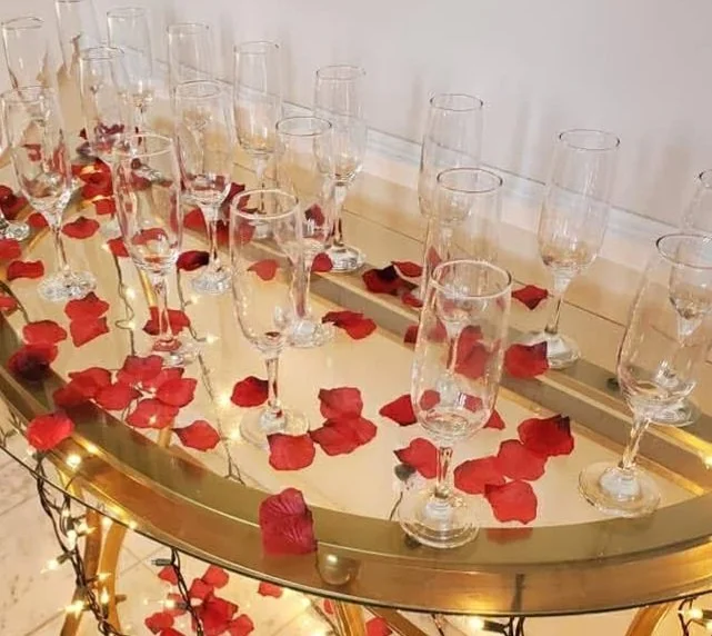 Wedding toasting flutes at home wedding engagement celebration by Skye High Events in Indianapolis.