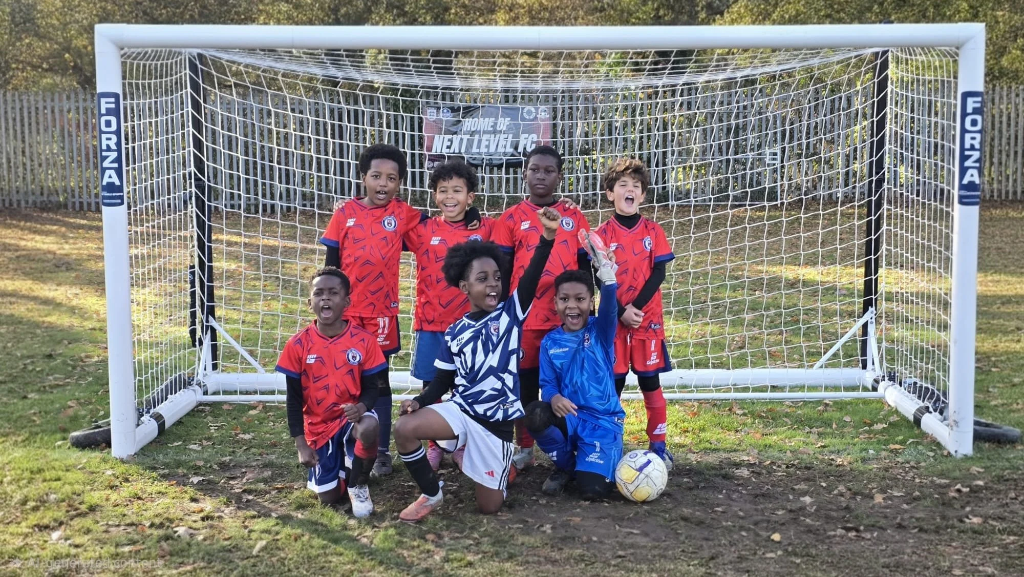 Group of young boys dressed in soccer uniforms, posing excitedly in front of a soccer goal on a grassy field, with some holding a soccer ball.