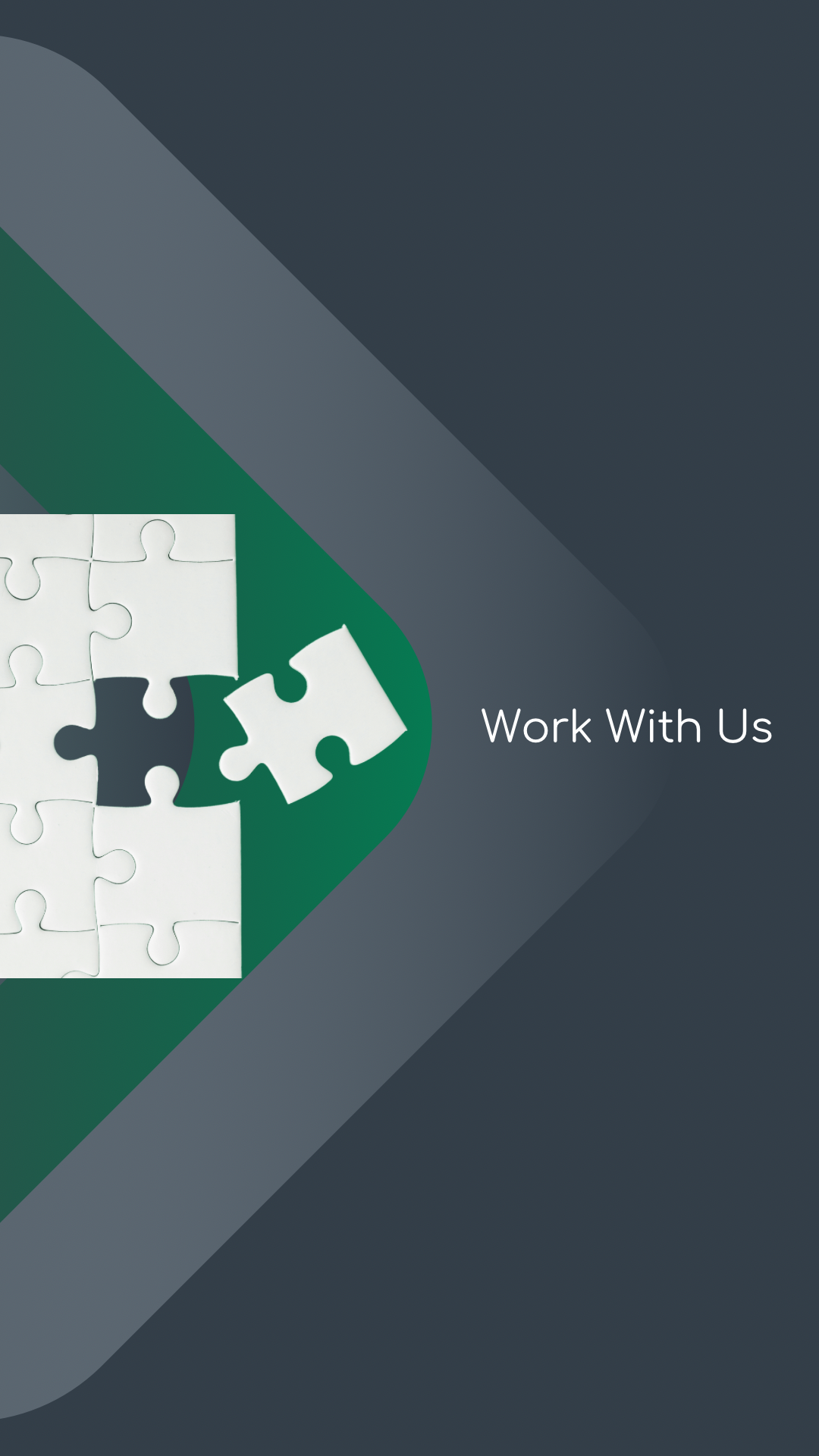Cover of a brochure with puzzle pieces and the words 'Work With Us'.