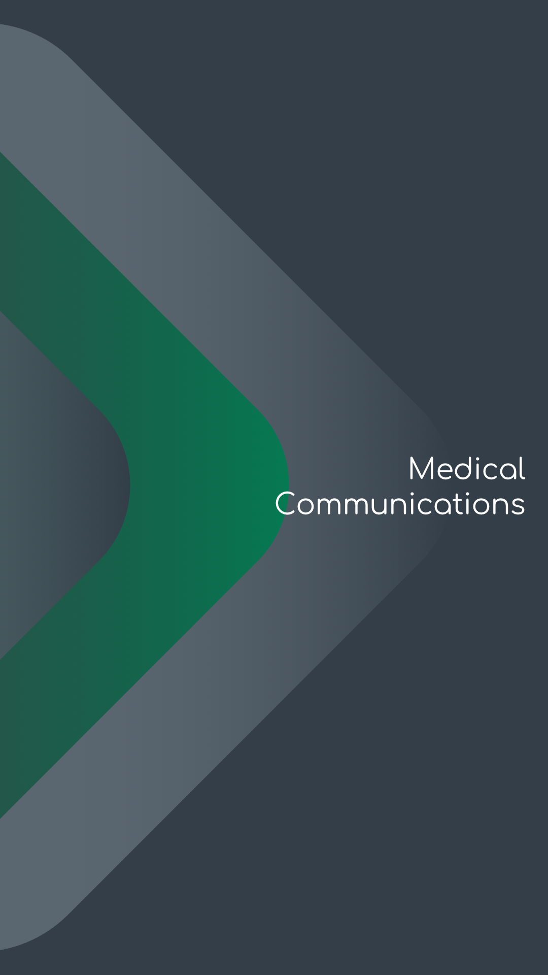 Cover page of a presentation titled 'Medical Communications' with a dark background and a green curved shape.