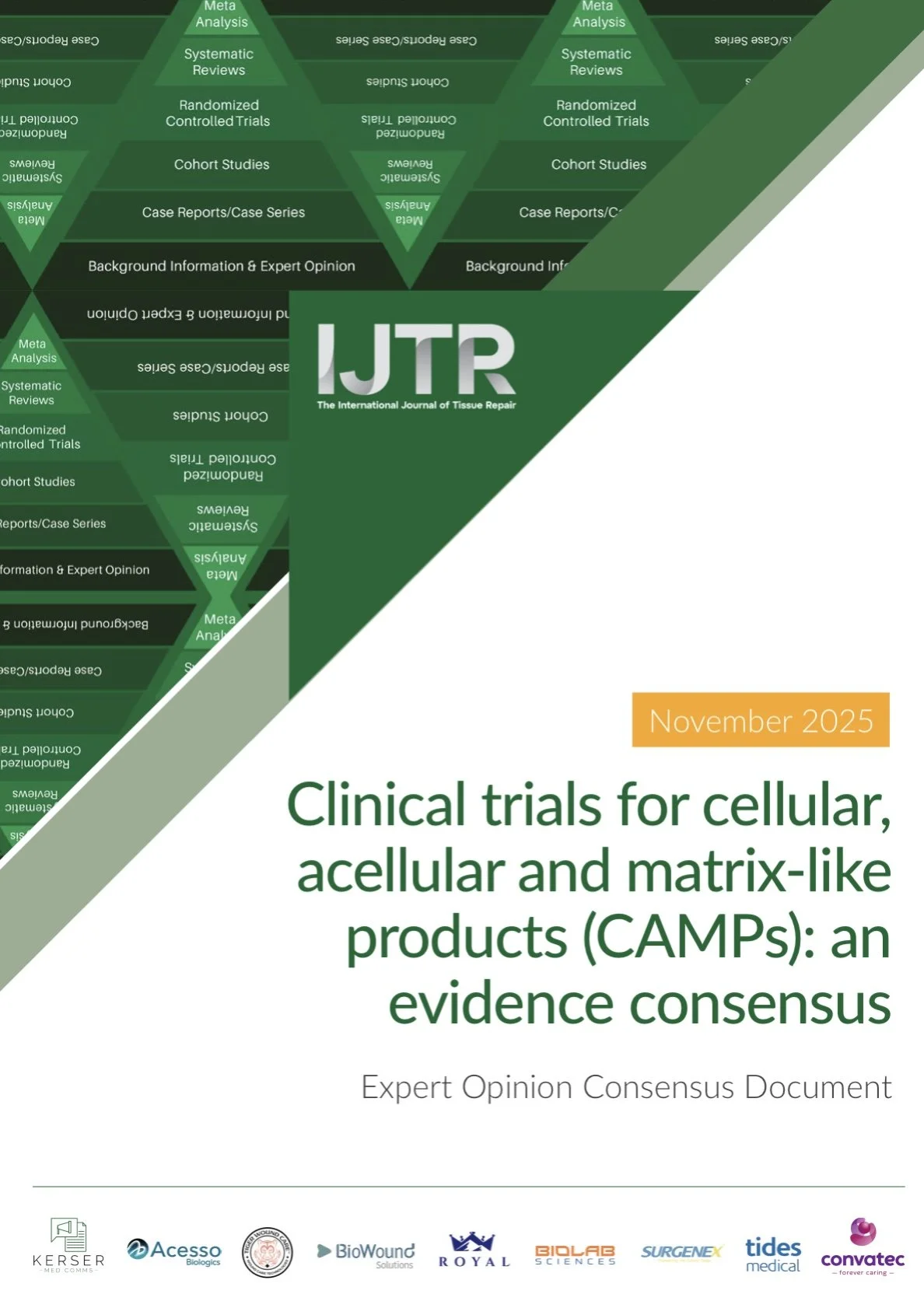 Cover page for a scientific journal article titled 'Clinical trials for cellular, acellular and matrix-like products (CAMPs): an evidence consensus,' published in November 2025, with logos of various biomedical companies at the bottom.