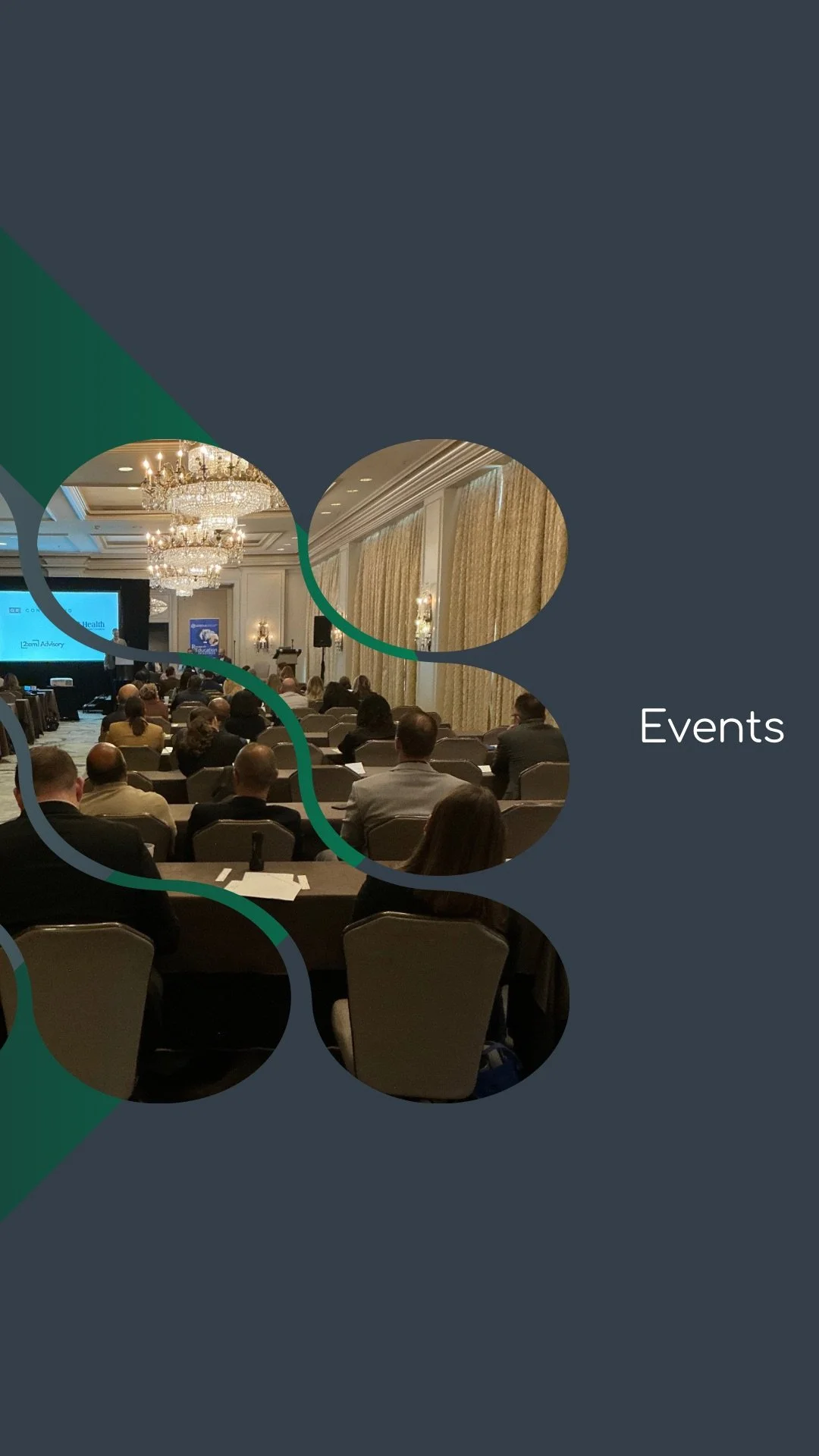 A conference room filled with attendees sitting at tables, watching a presentation on a large screen, with chandeliers hanging from the ceiling and elegant curtains on the windows.