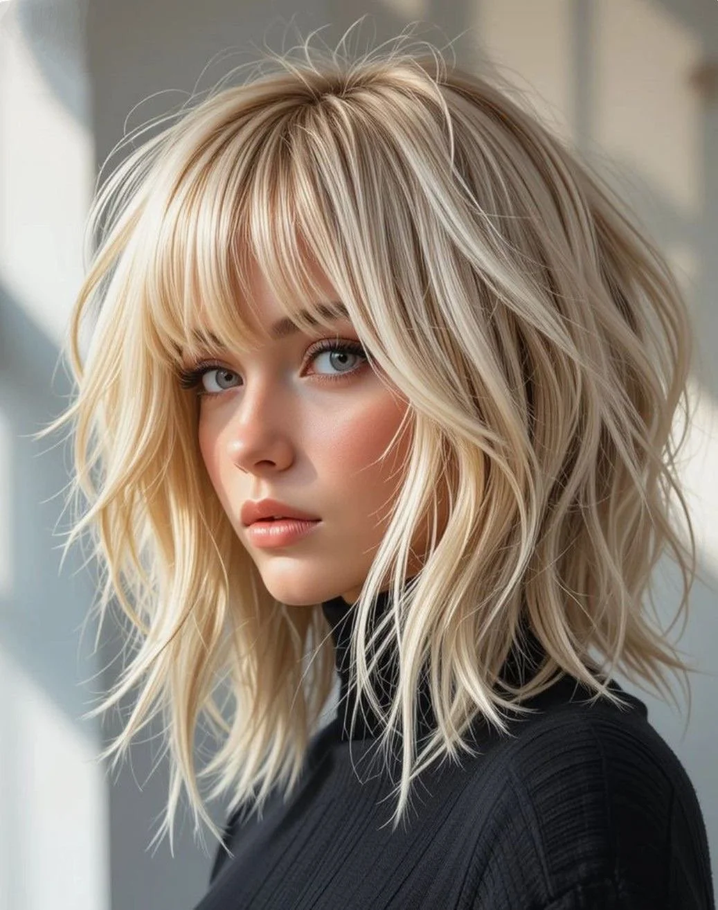 A woman with shoulder-length, messy blonde hair with bangs, wearing a black top, looking at the camera.