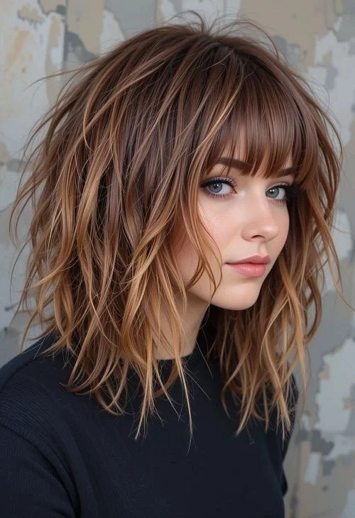 A young woman with tousled, shoulder-length, light brown hair with blonde highlights, wearing a black top against a textured wall background.