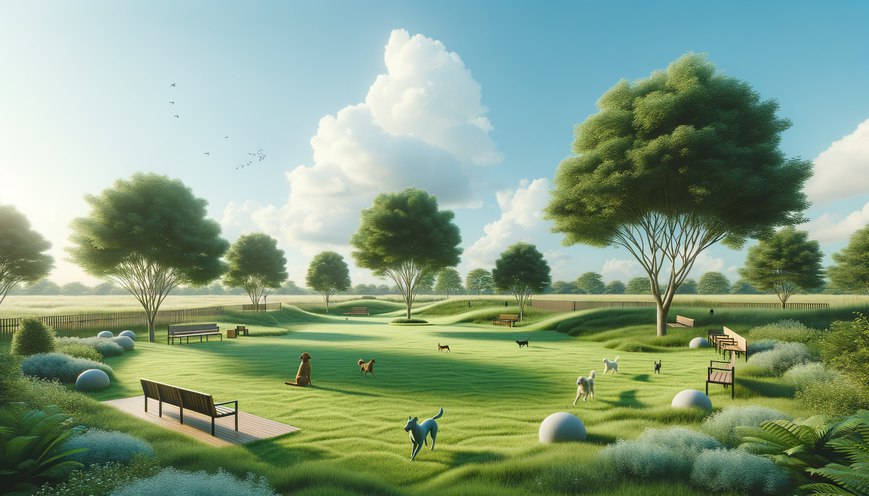 Illustration of a lush green park with tall trees, benches, and a few dogs playing on the grass under a partly cloudy sky.