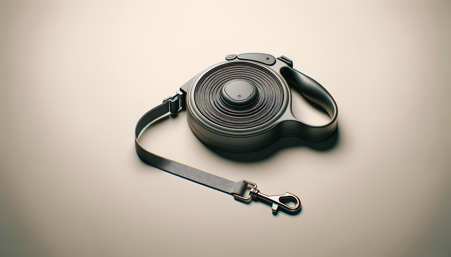 A retractable dog leash with a black circular reel and a metal clasp, laying on a plain neutral surface.
