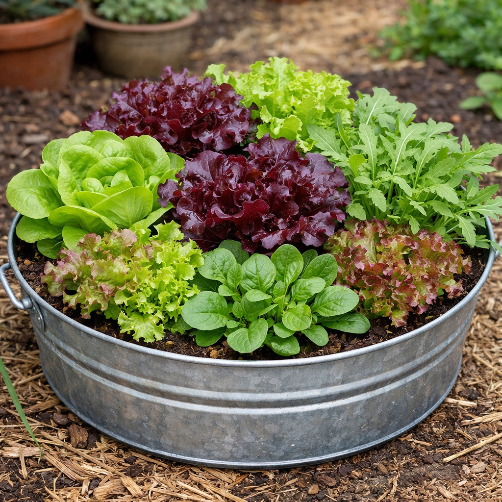 A galvanized metal container filled with various types of fresh lettuce and greens, placed on soil in a garden bed.