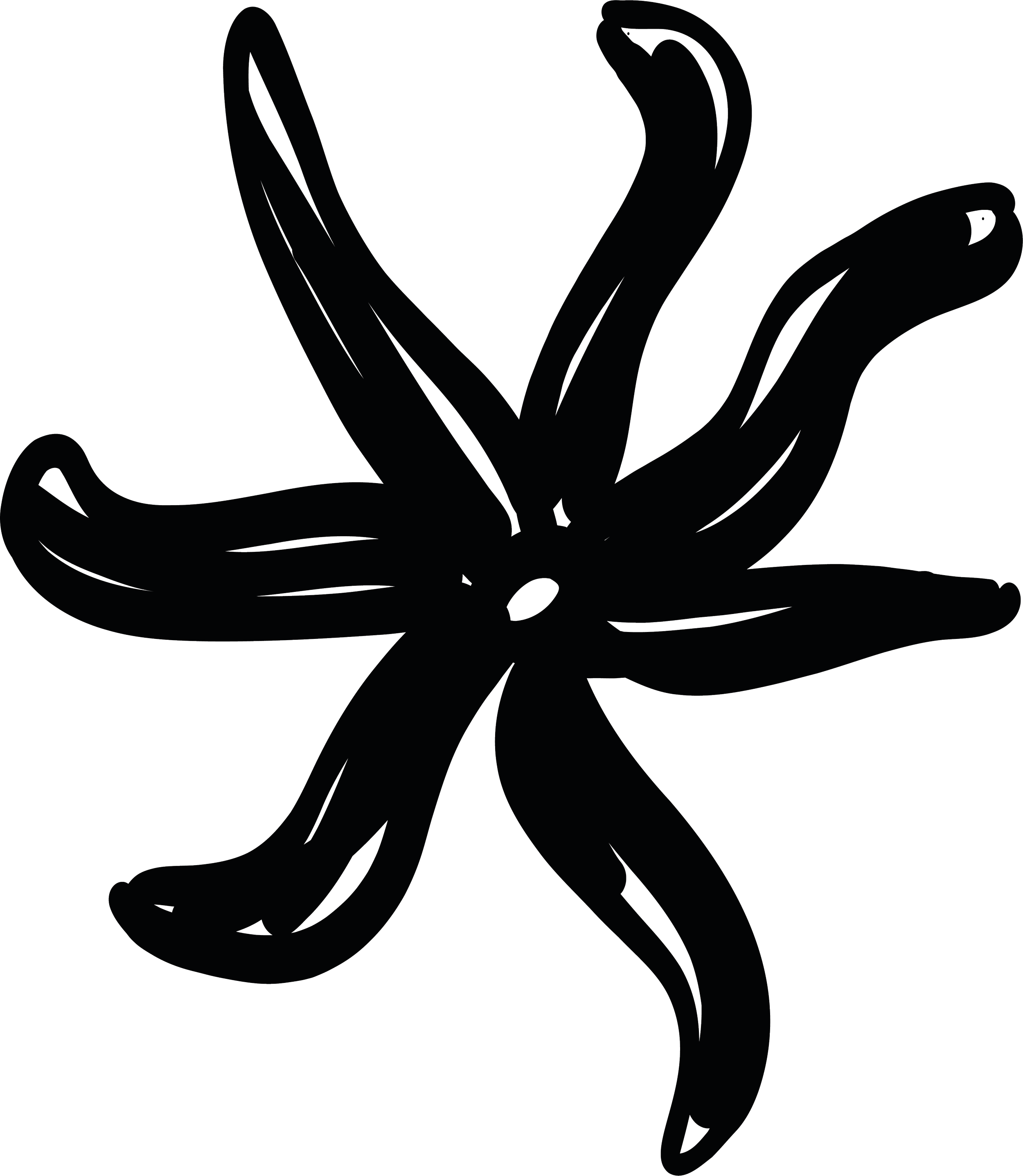 Outline drawing of a starfish with five arms on a black background.