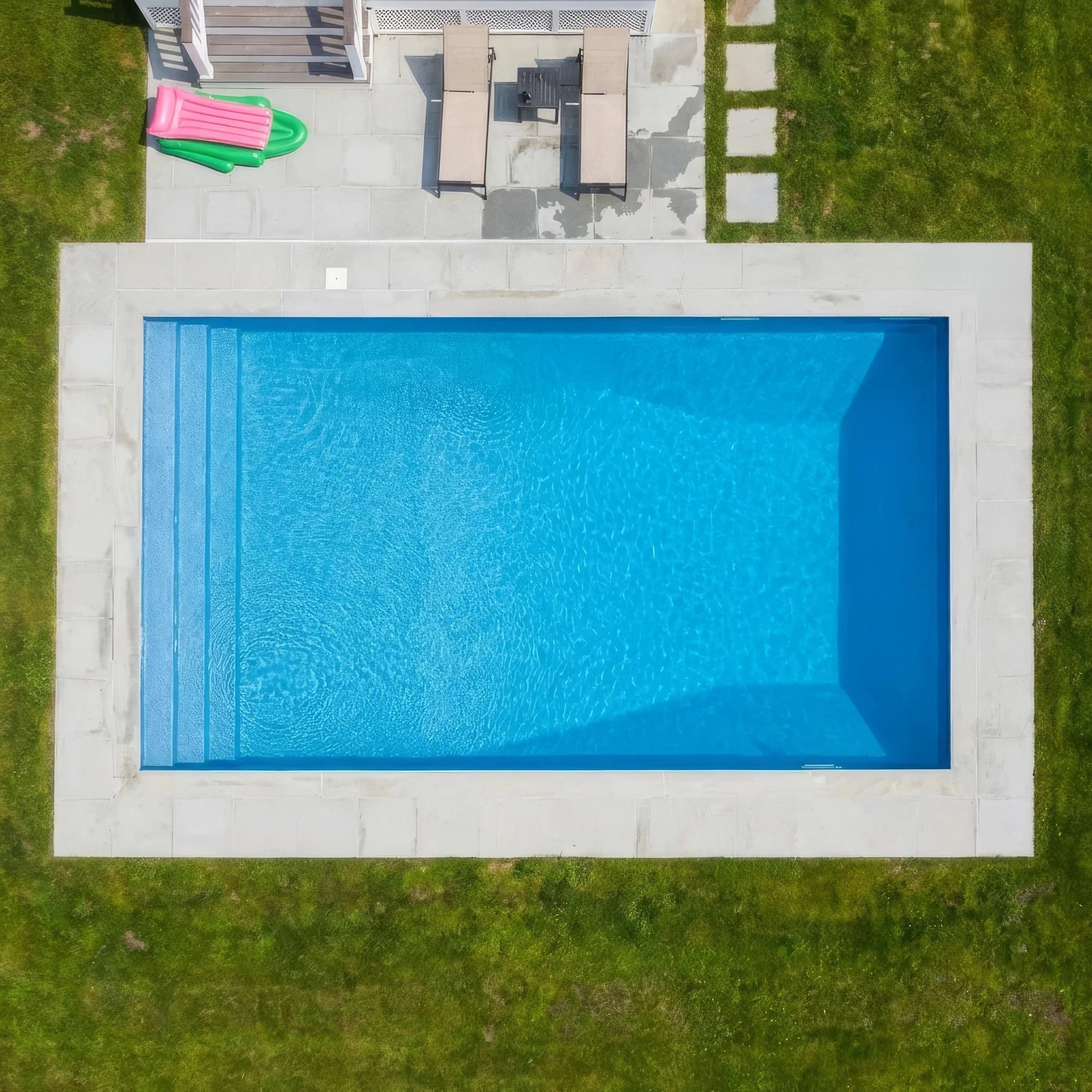 A rectangular swimming pool with blue water, surrounded by a concrete deck. There are three steps leading into the pool on the left side. Above the pool, there is a patio with a table and four chairs, with two lounge chairs beside it. There is a colo
