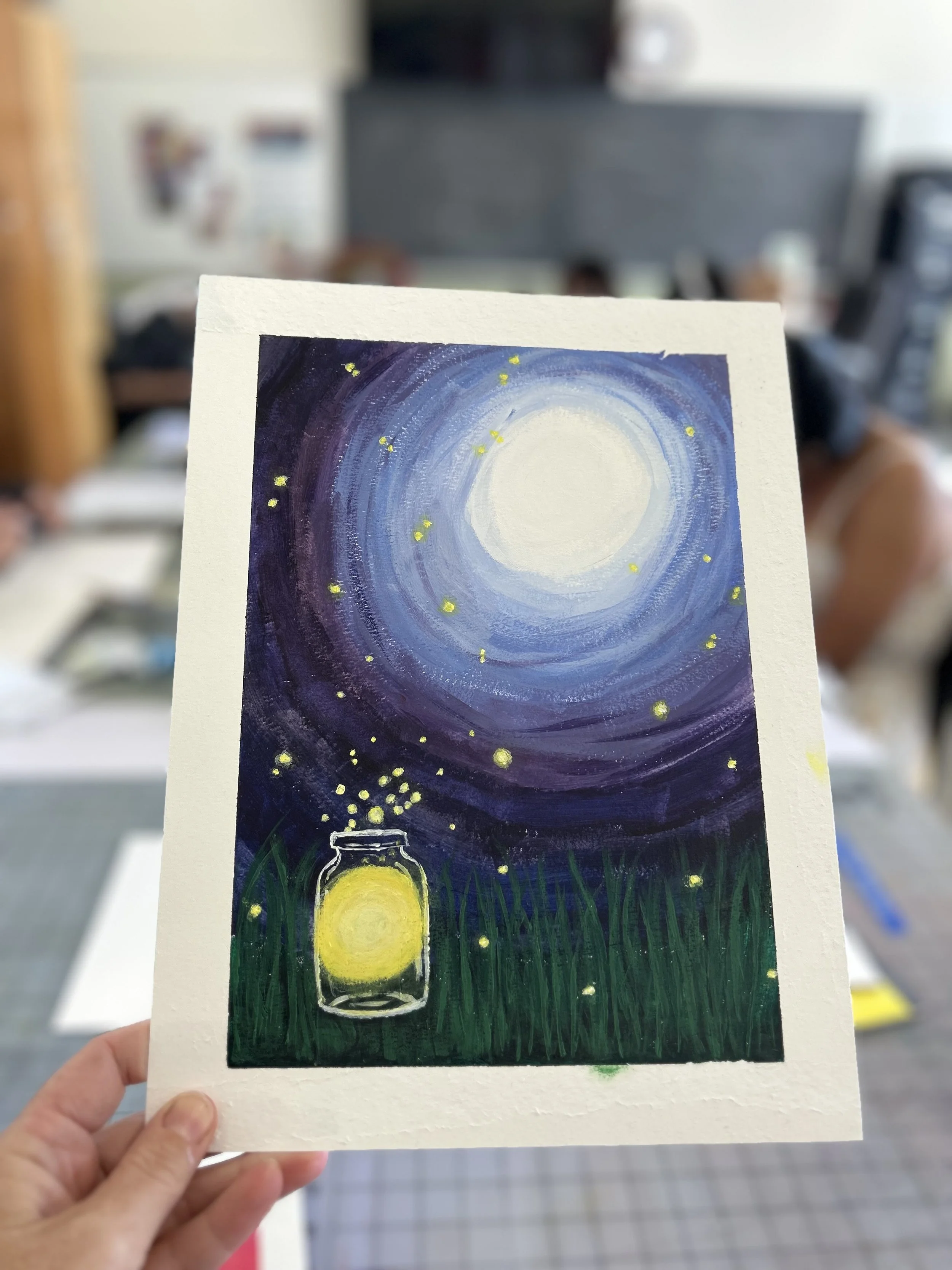 A painting depicting a full moon in a starry sky above a grassy field. A jar of glowing fireflies is in the foreground, with some fireflies inside the jar and others floating in the air.