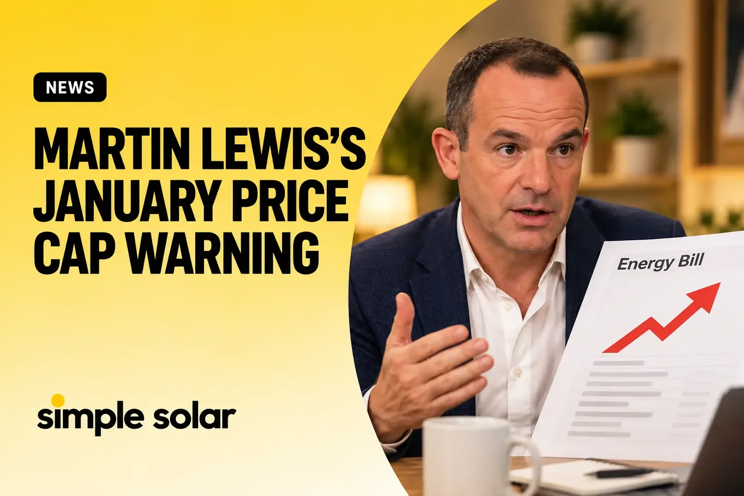 UK home and rising energy bill graphic illustrating Martin Lewis's warning that the January 2027 energy price cap could rise by more than 20%.